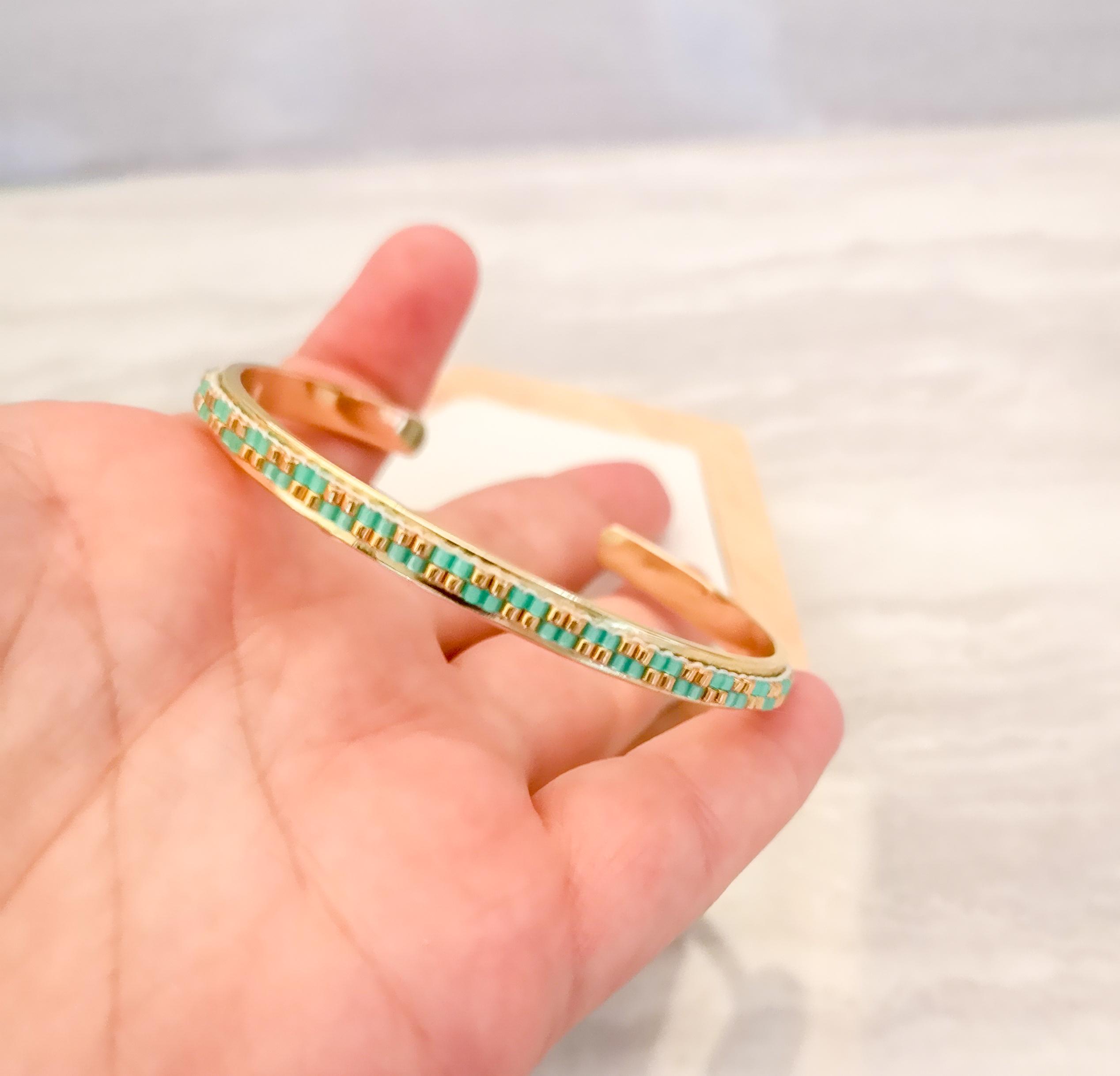 Gold Plated Cuff Bracelet: Turquoise Japanese Glass Beaded Bangle, photo 5