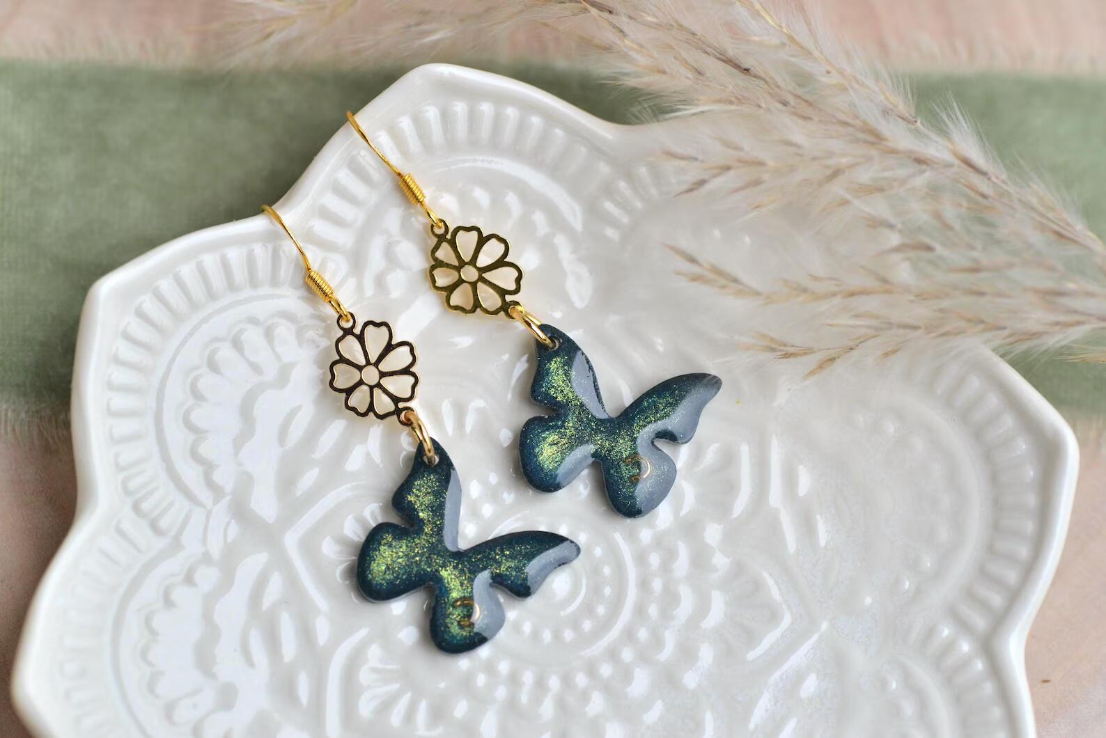 Fairytale Forest Butterfly Earrings – Iridescent Green Resin and Gold Flower Dangle Jewelry, photo 2