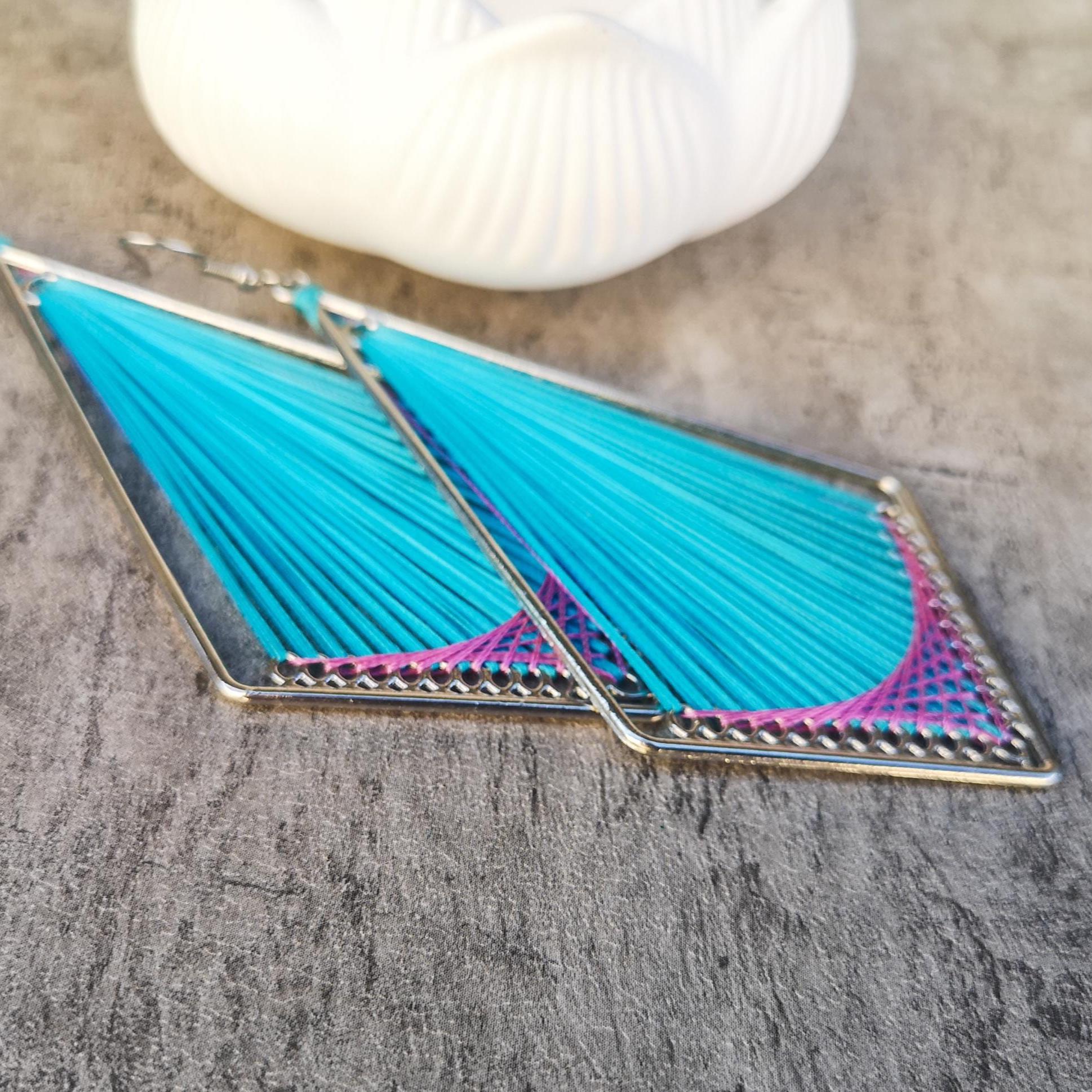 Peruvian thread teardrop earrings, Blue and pink dangle earrings, photo 3