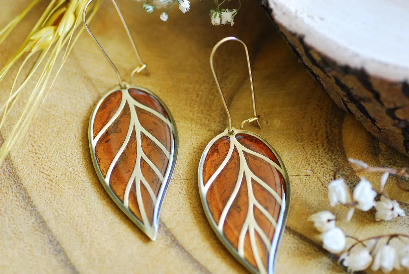 Botanical Gold Leaf Earrings - Shifting Bronze and Gold Leaf Dangles