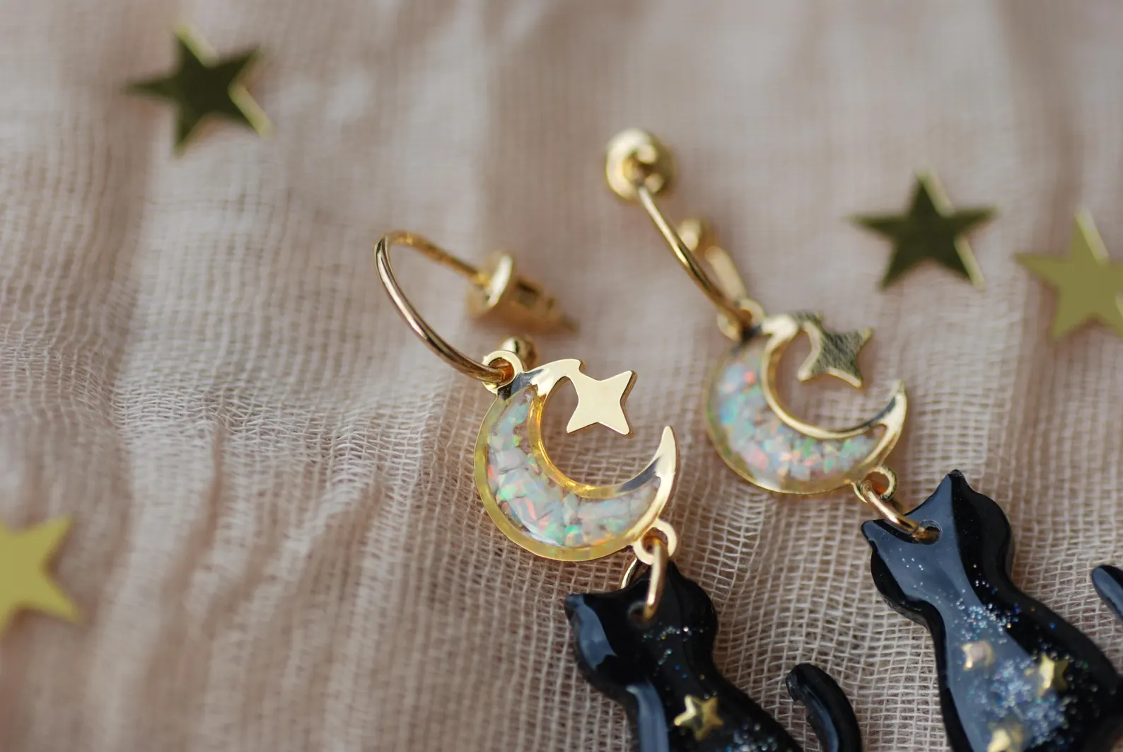 Black Cat Earrings - Galaxy Celestial Hoop Drops, photo 3