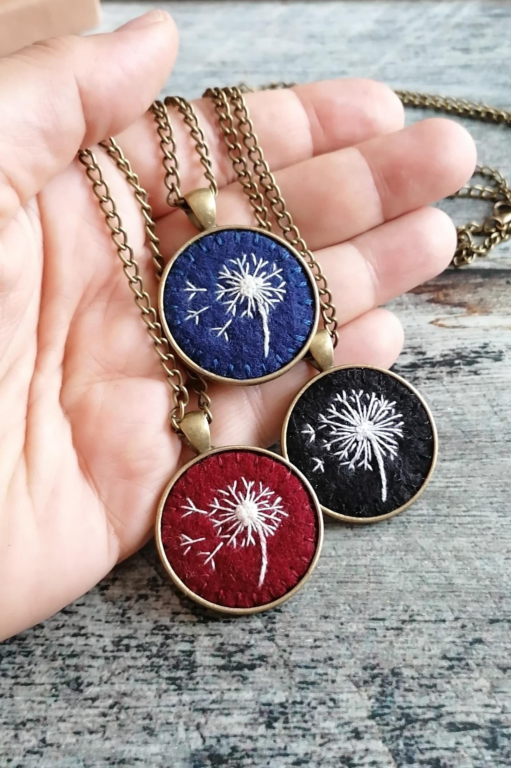 Hand Embroidered Dandelion Necklace, Black white color antique style Pendant, photo 2