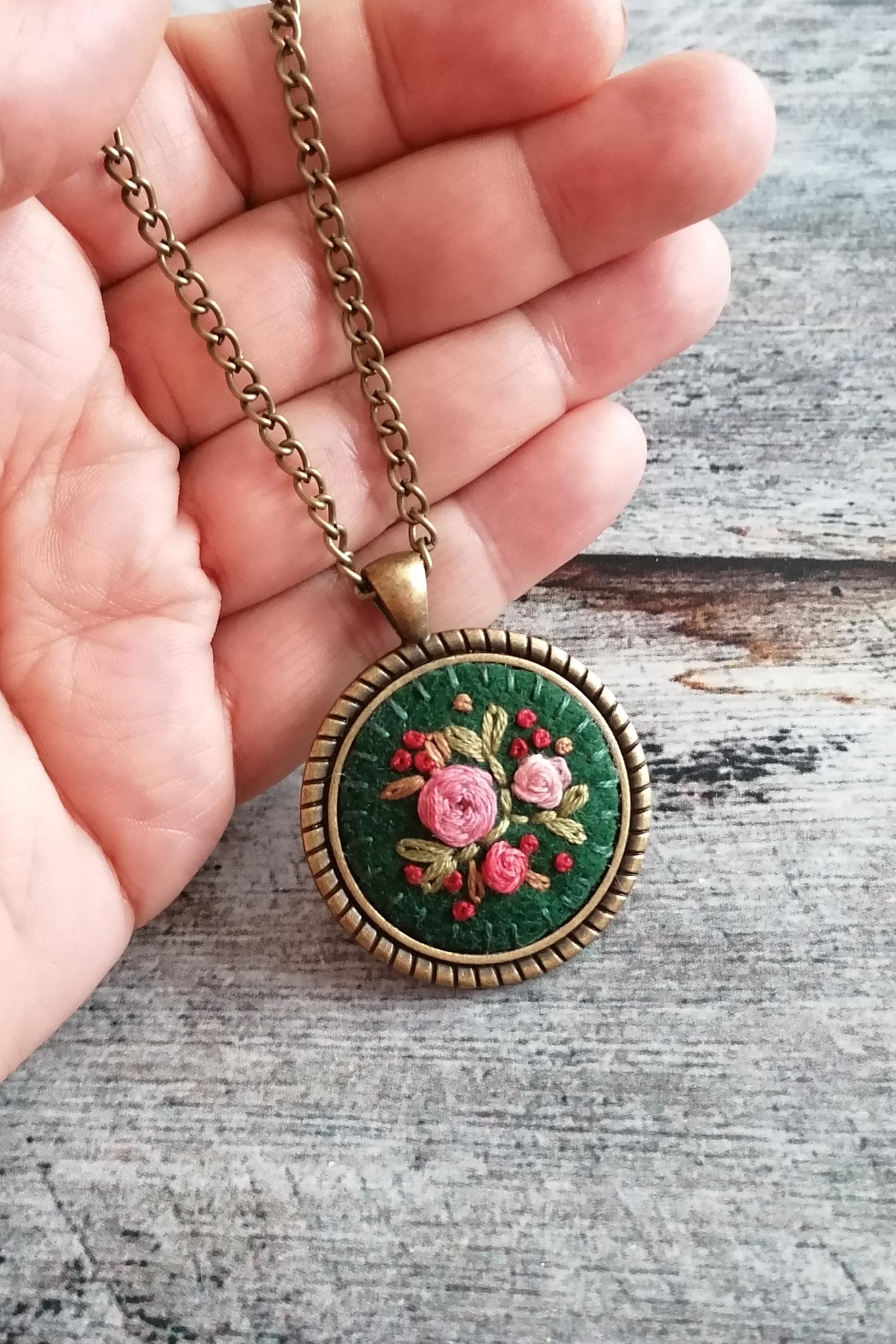 Hand Embroidered Necklace and Earrings, Pink Floral Rose Pendant, Dark Embroidery Necklace, photo 6