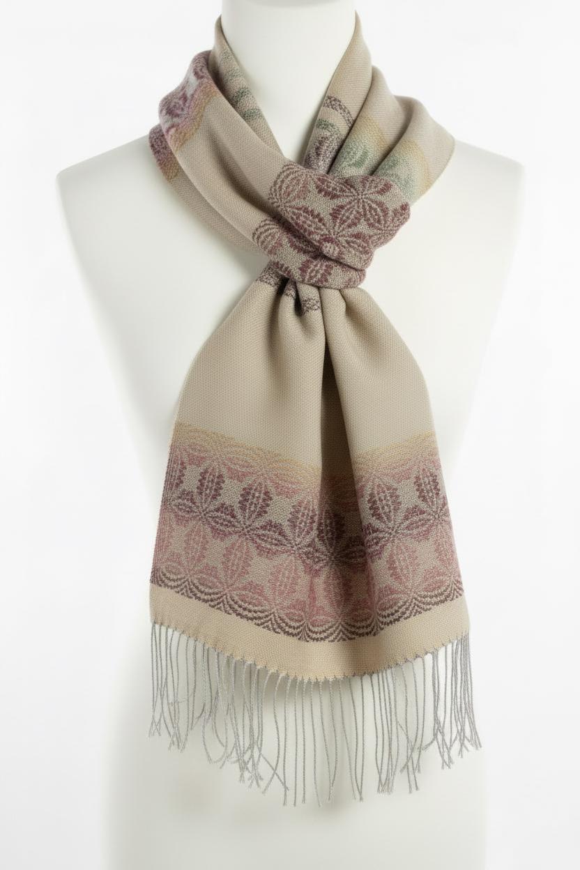 Hand-woven light grey-beige Merino scarf – Raspberry pattern – Luxury wool scarf – Elegant women's shawl, photo 4