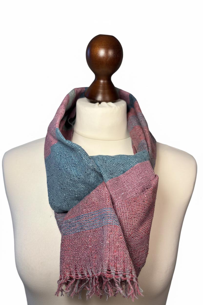 Handmade Striped Silk Scarf in Raspberry, Pink-Green Shorter Scarf, Ladies wrap, Personalized Shawl