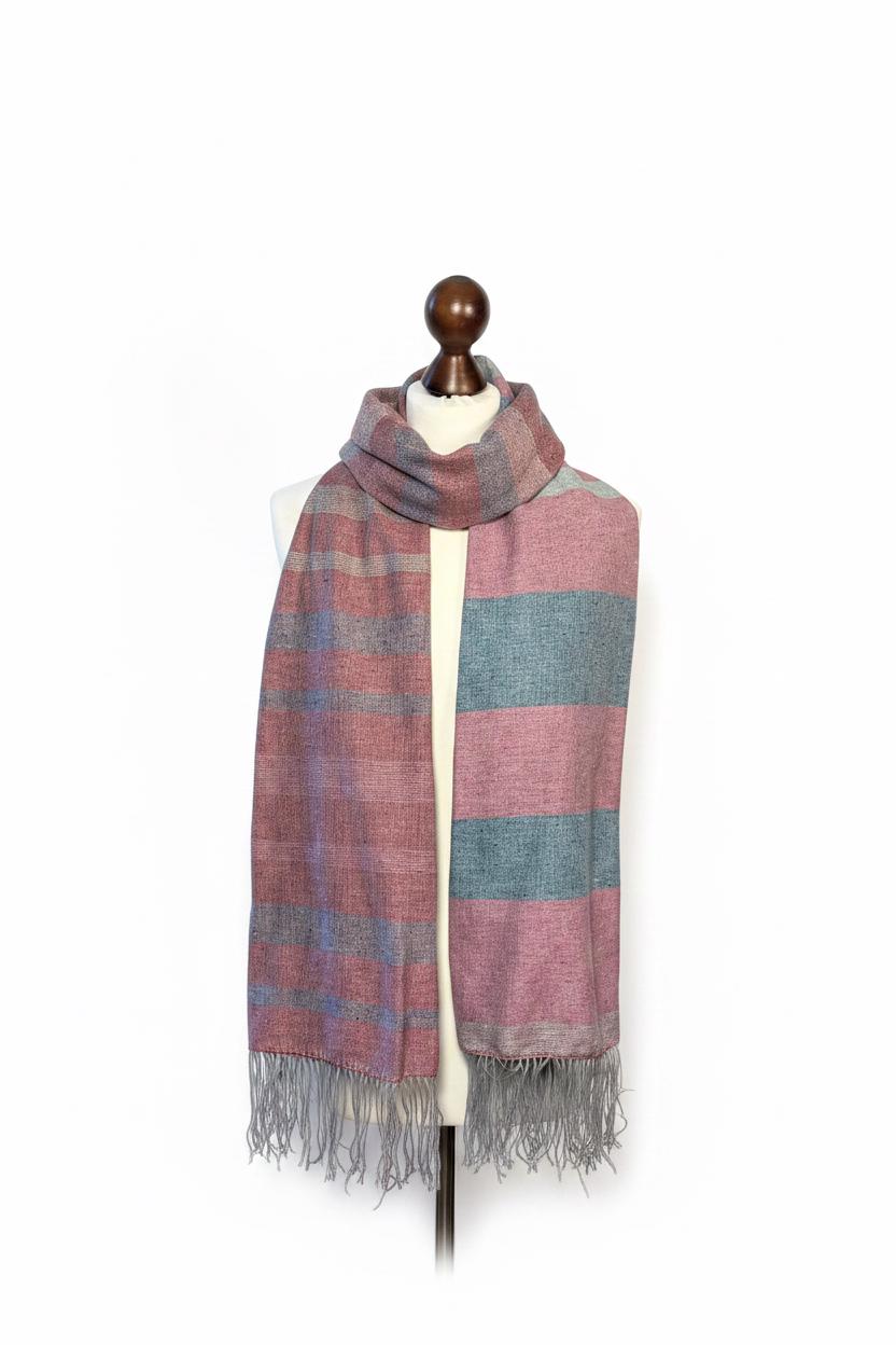 Handmade Striped Silk Scarf in Raspberry, Pink-Green Shorter Scarf, Ladies wrap, Personalized Shawl, photo 6