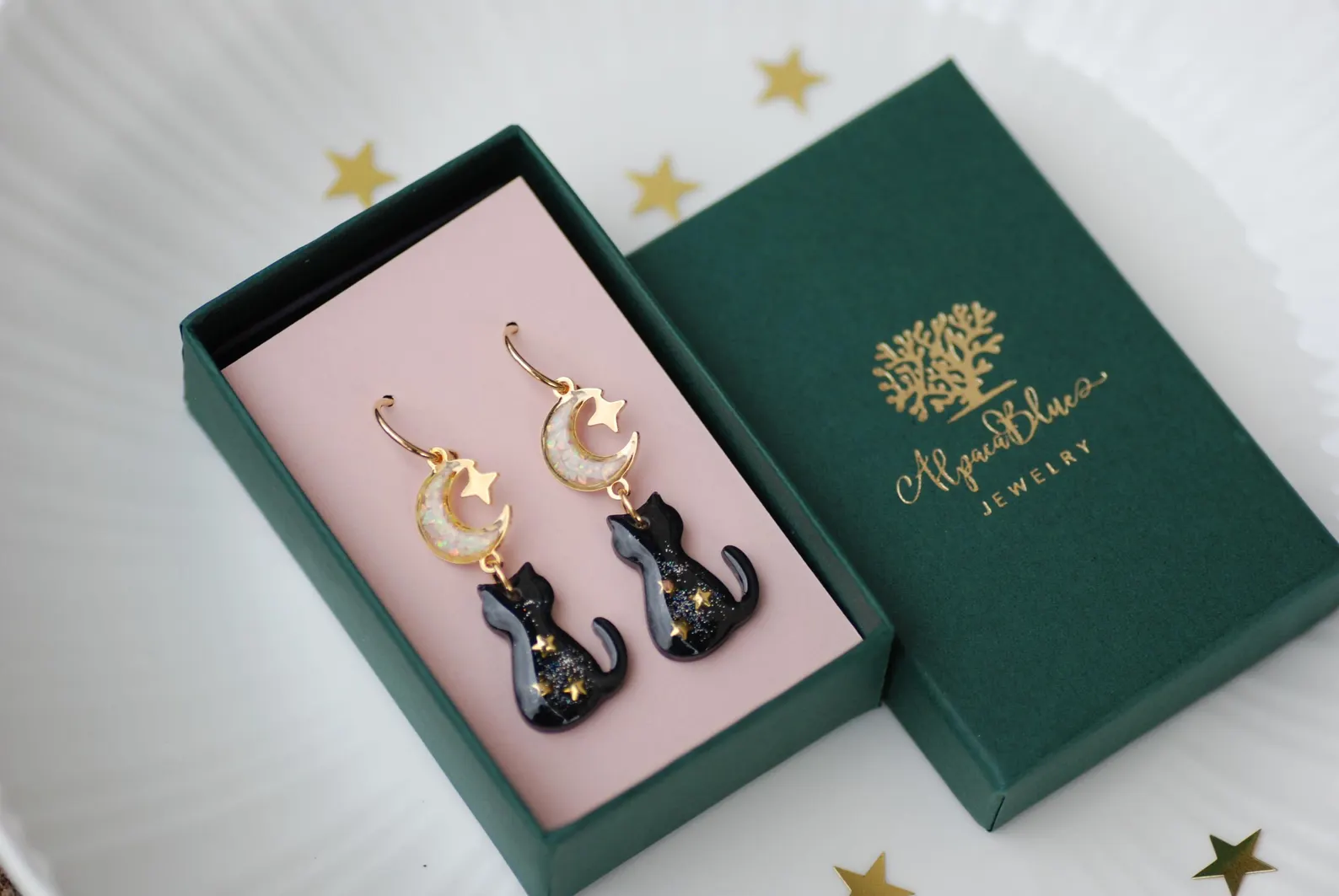 Black Cat Earrings - Galaxy Celestial Hoop Drops