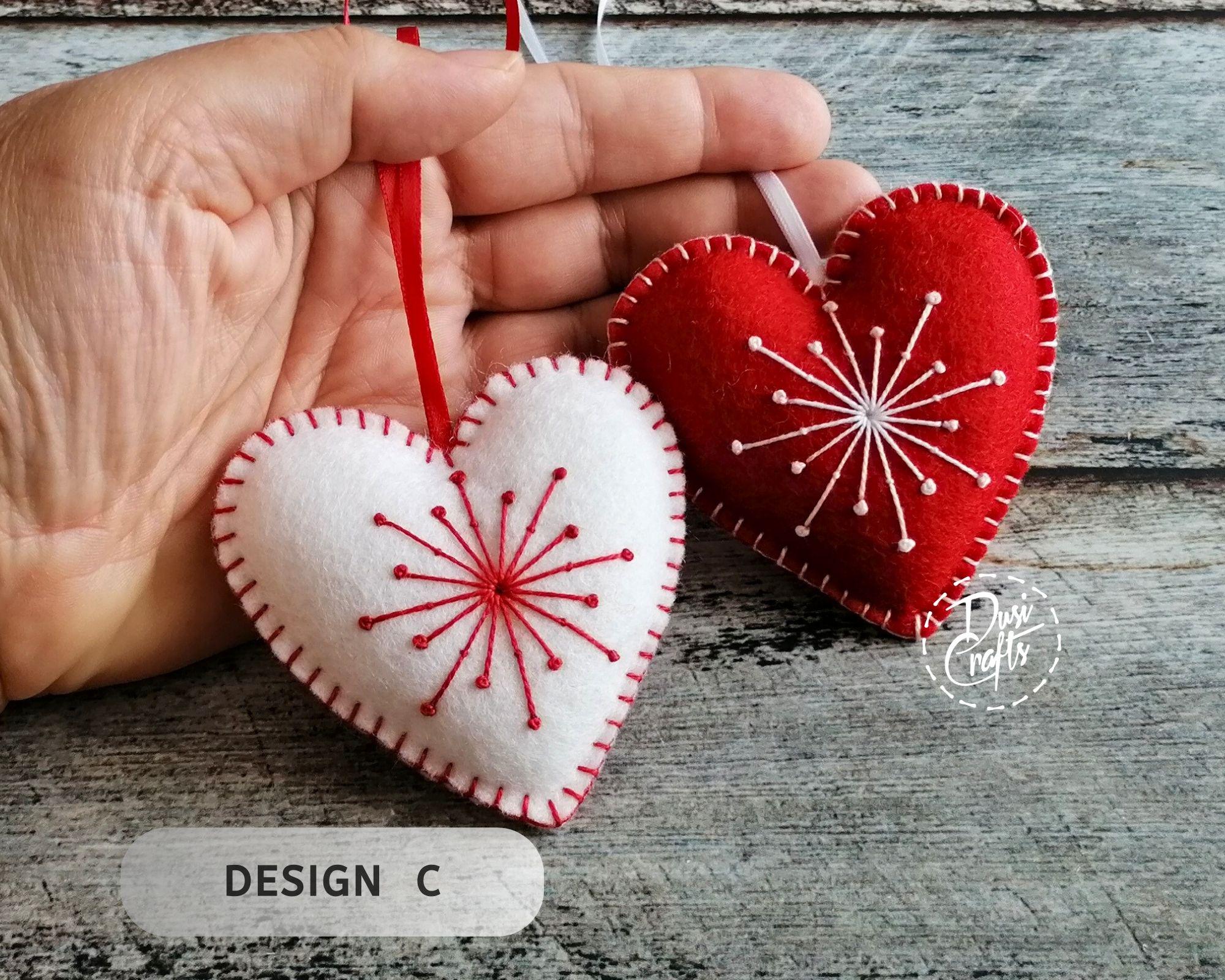 Set of 2  Felt Heart Christmas ornaments, white and red snowflake embroidery, photo 4