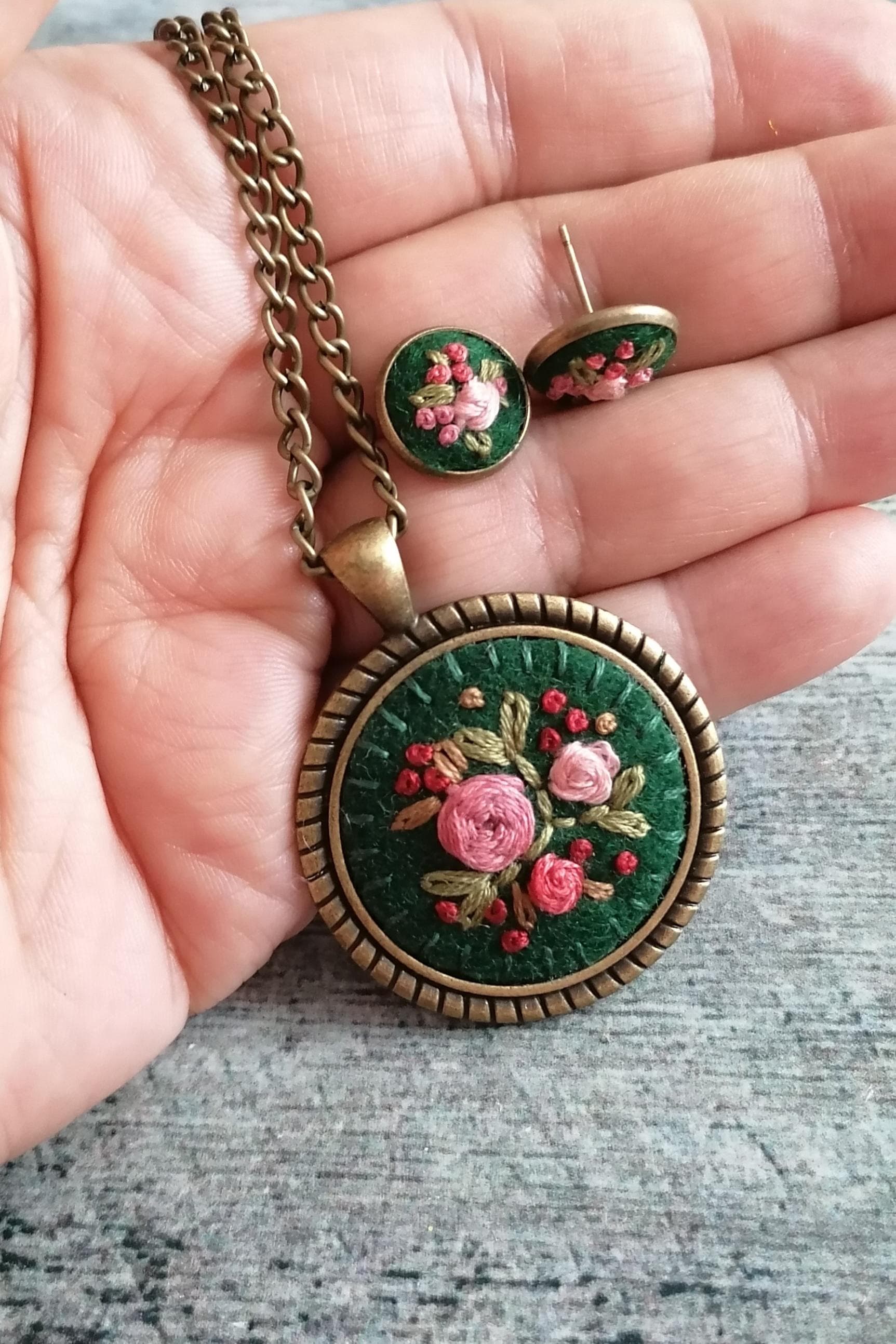 Hand Embroidered Necklace and Earrings, Pink Floral Rose Pendant, Dark Embroidery Necklace, photo 5