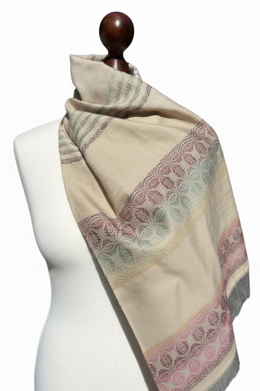 Hand-woven light grey-beige Merino scarf – Raspberry pattern – Luxury wool scarf – Elegant women's shawl, photo 5