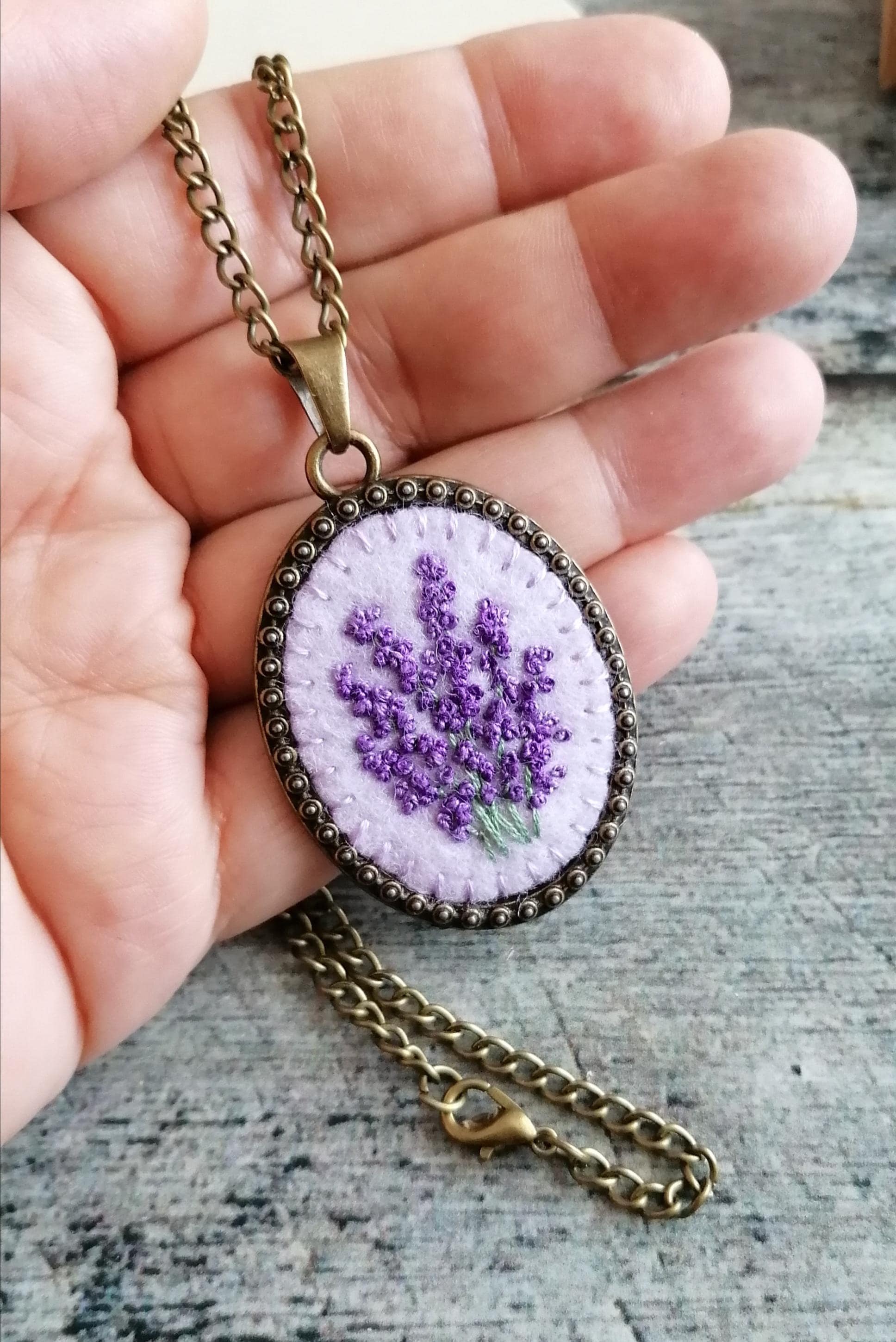 Lavender Hand Embroidered Pendant, Purple Flower Necklace or a set with earrings, Botanical gift