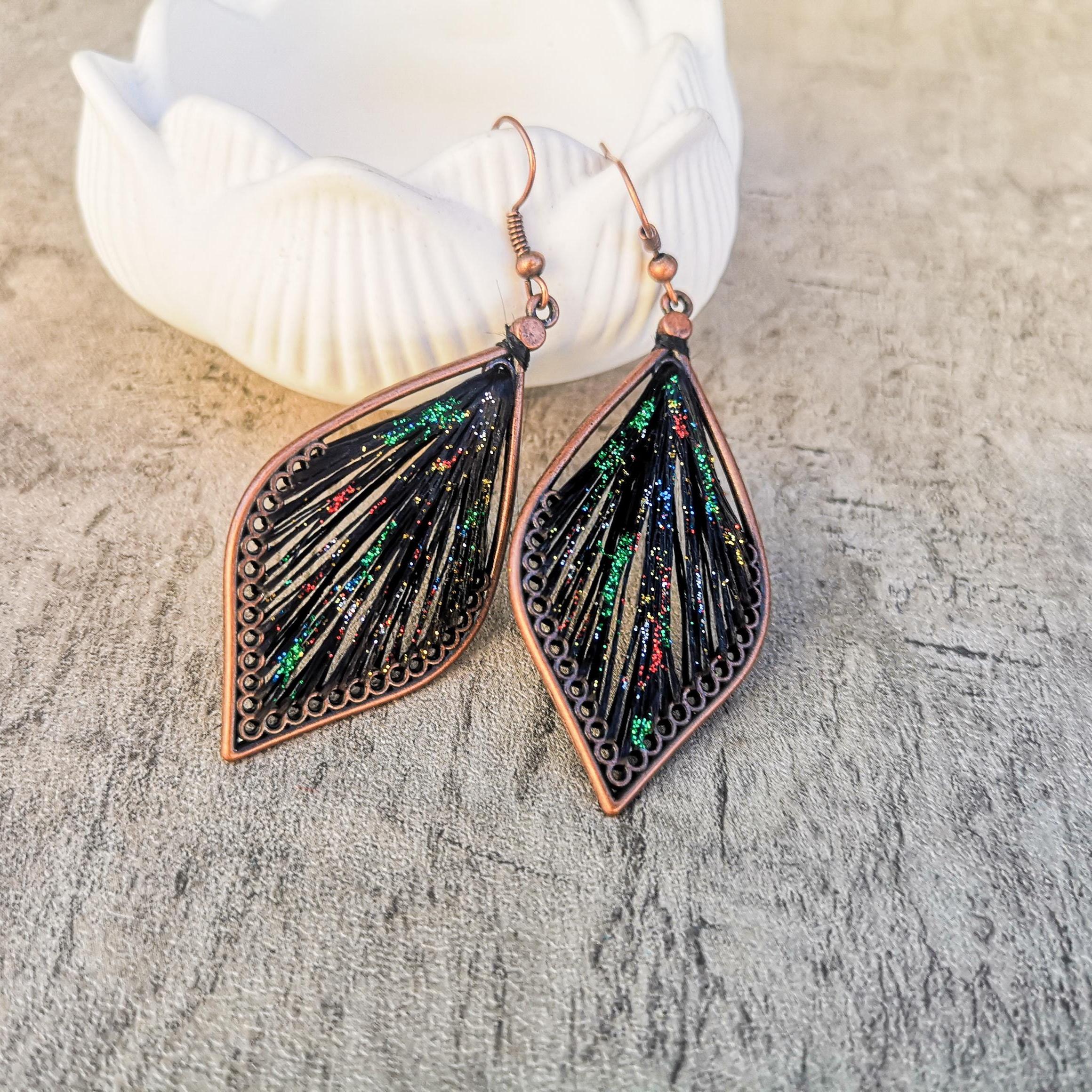 Peruvian thread teardrop earrings, Black with glitter dangle earrings, photo 5