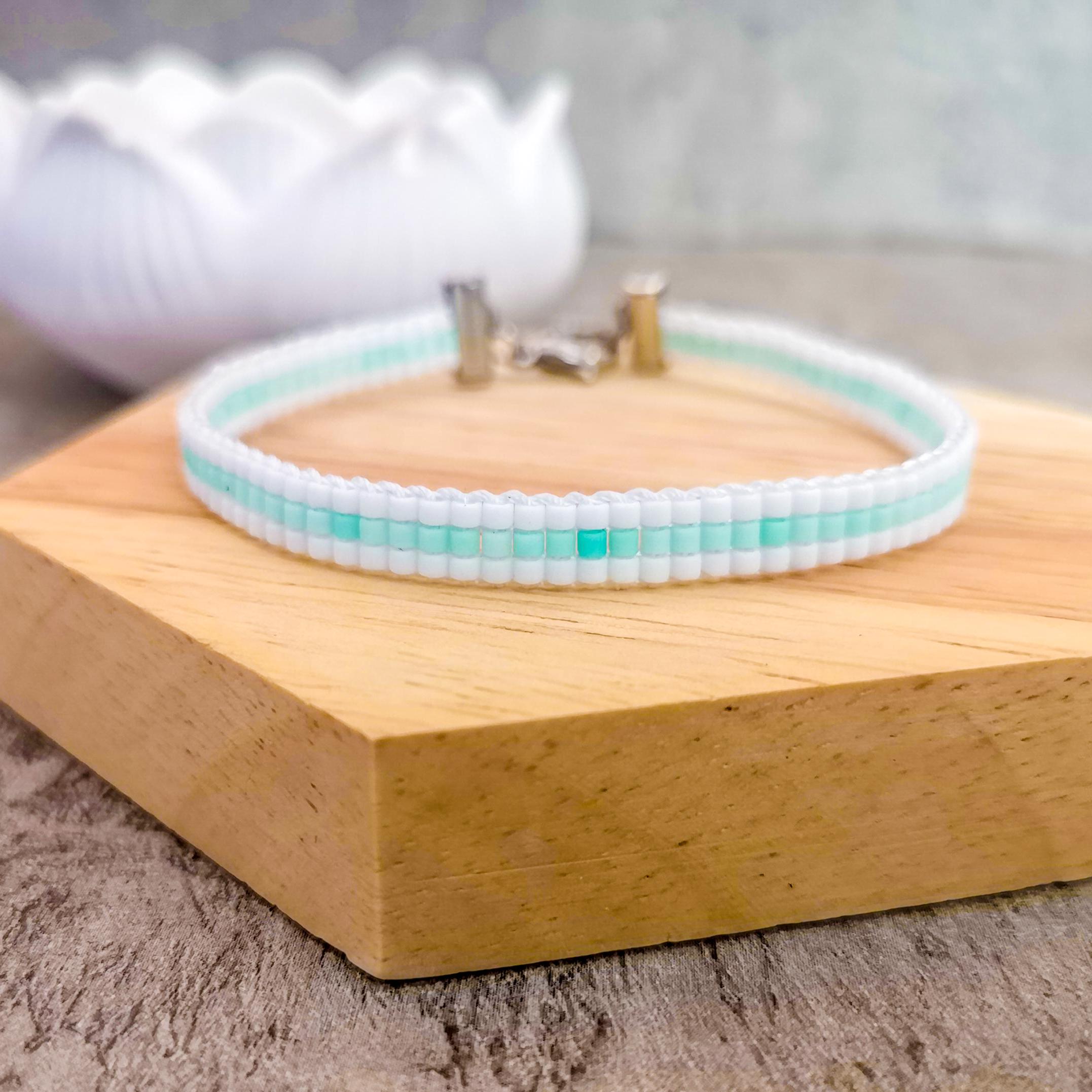 White and pastel mint green beaded loom bracelet