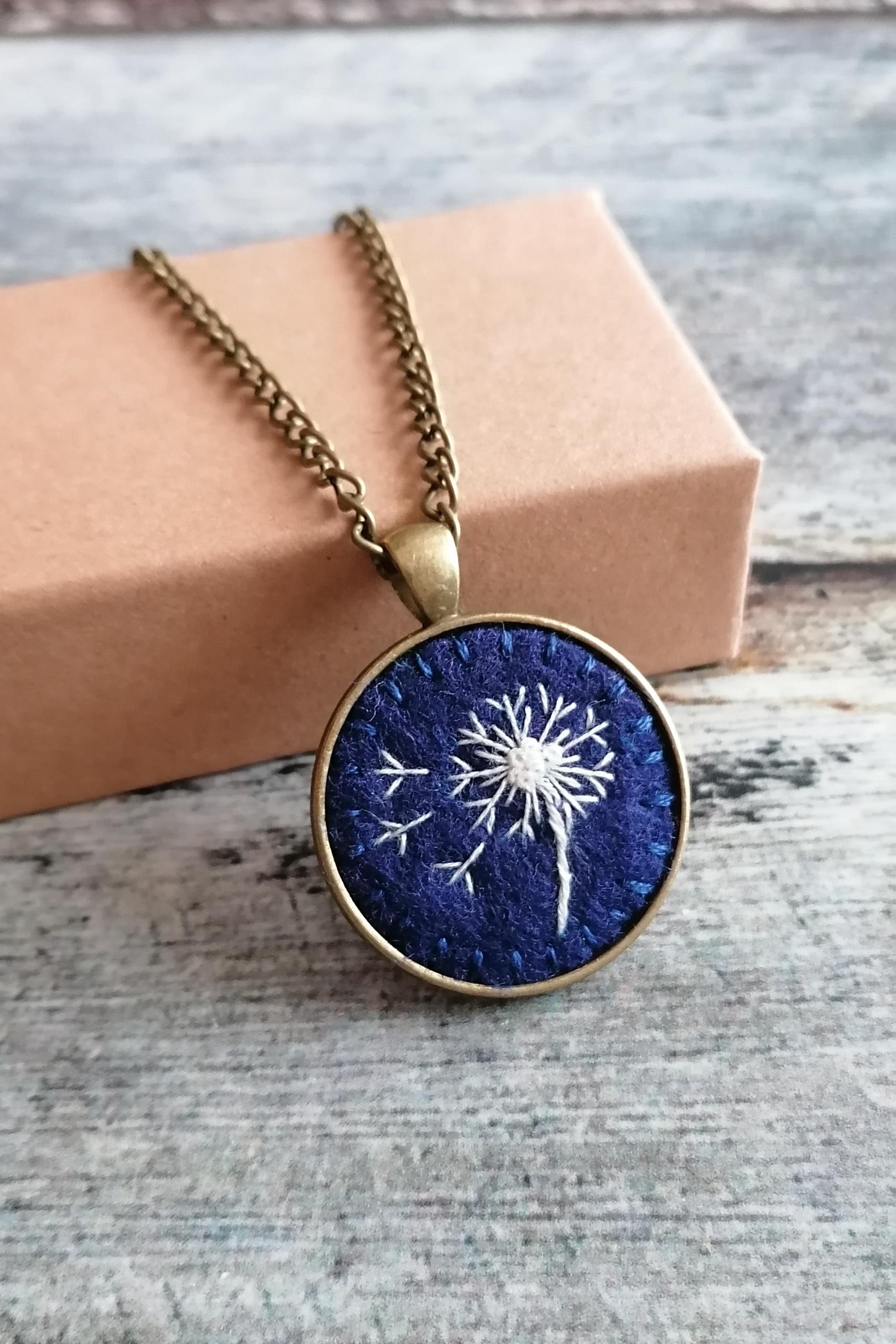 Hand Embroidered Dandelion Necklace, Black white color antique style Pendant, photo 5