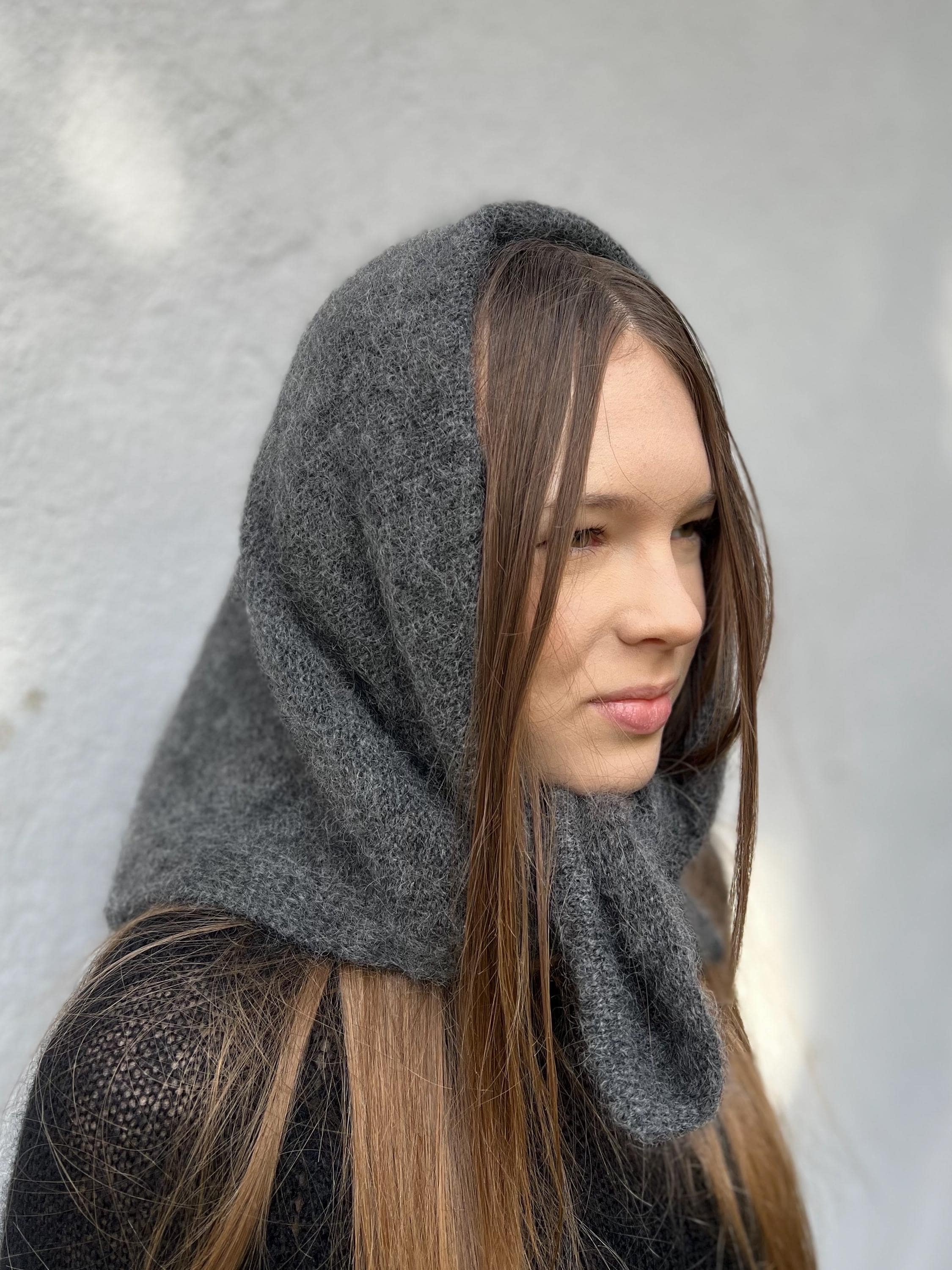 Mohair Scarf Square/Triangle Hand Knit Kerchief – Soft Gray Headscarf / Hooded Scarf, photo 2