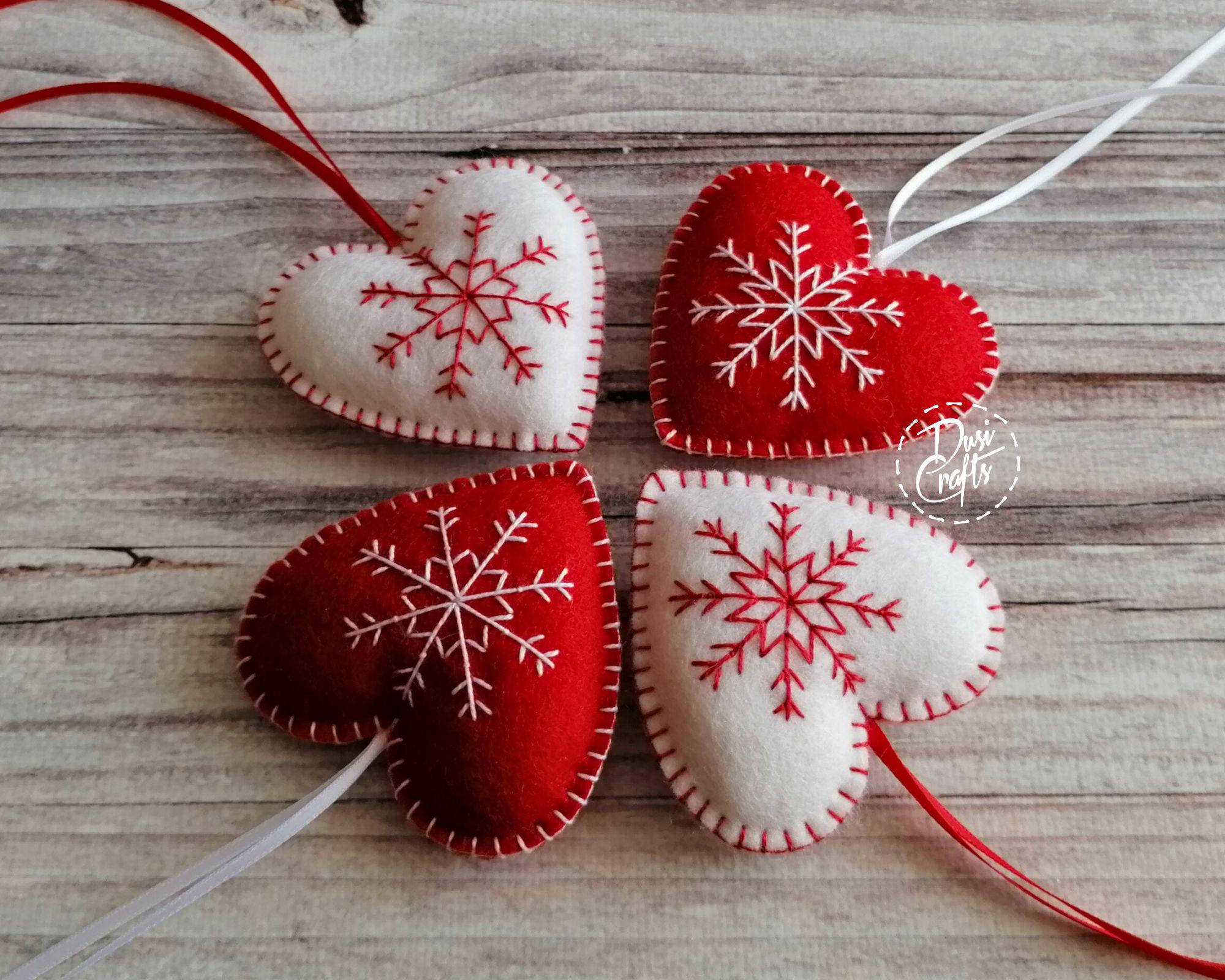 Set of 2  Felt Heart Christmas ornaments, white and red snowflake embroidery, photo 6