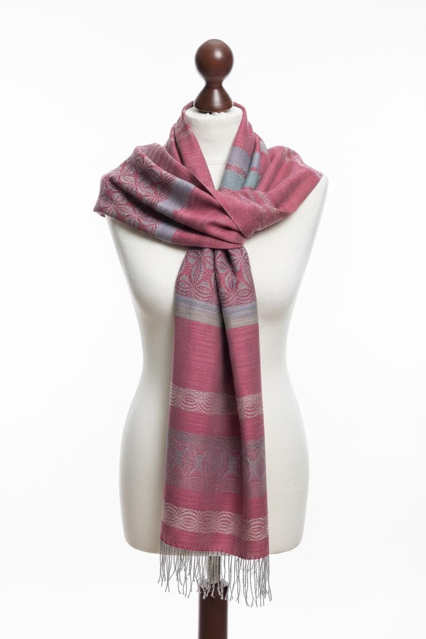Handwoven Raspberry Silk Scarf – Lily Floral Motif, Green Accents, Artisan Accessory, Personalized with Monogram, photo 2