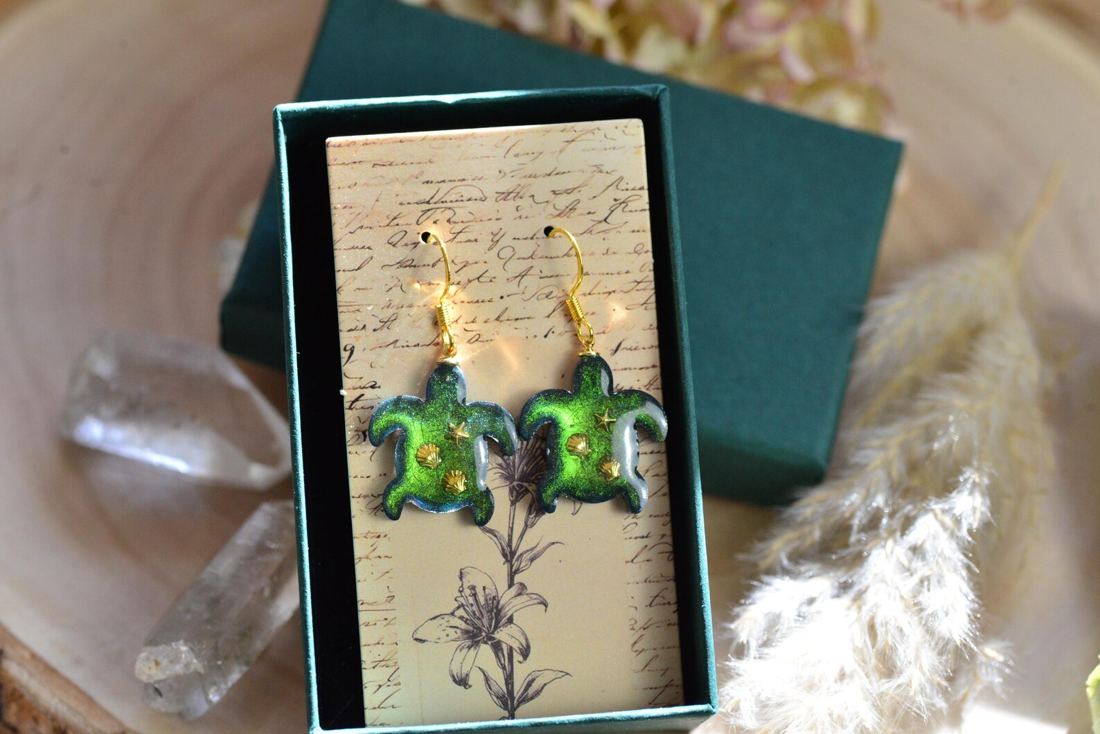 Ocean Resin Earrings - Sea Turtle Green Iridescent Gold Drop Jewelry
