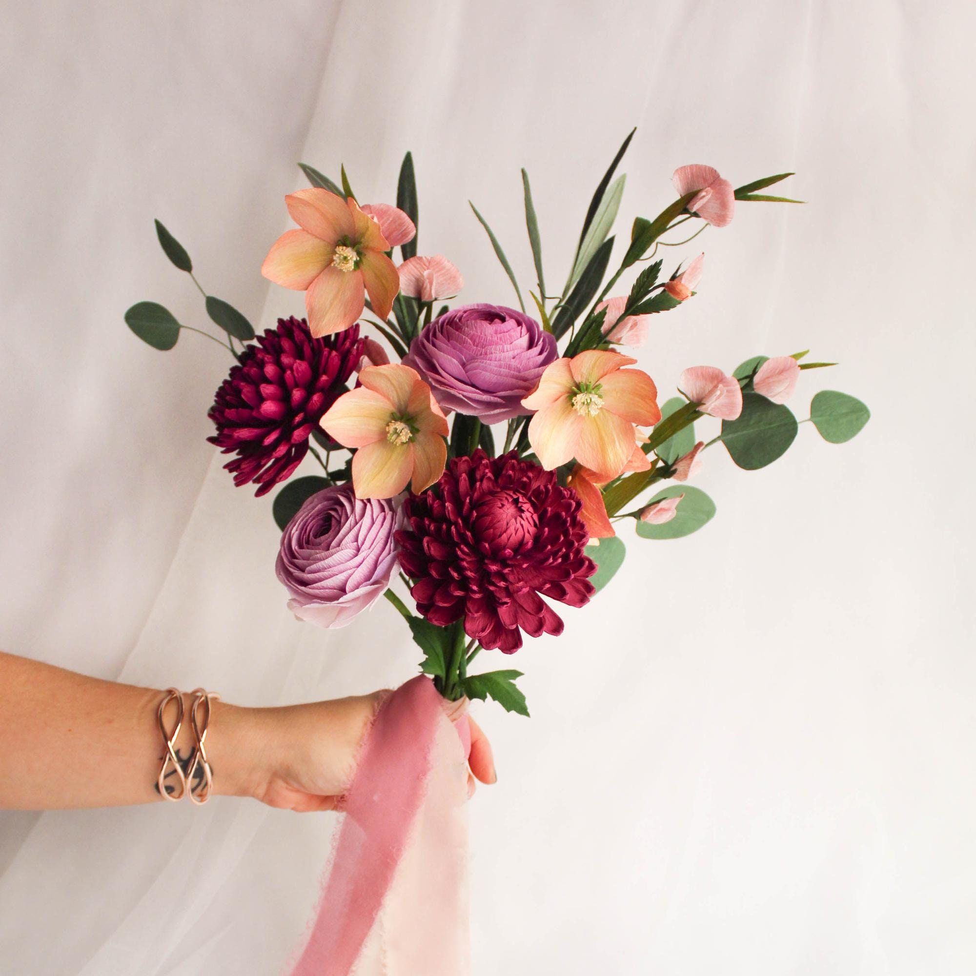 Handmade crepe paper bridal bouquet in purple and lilac tones