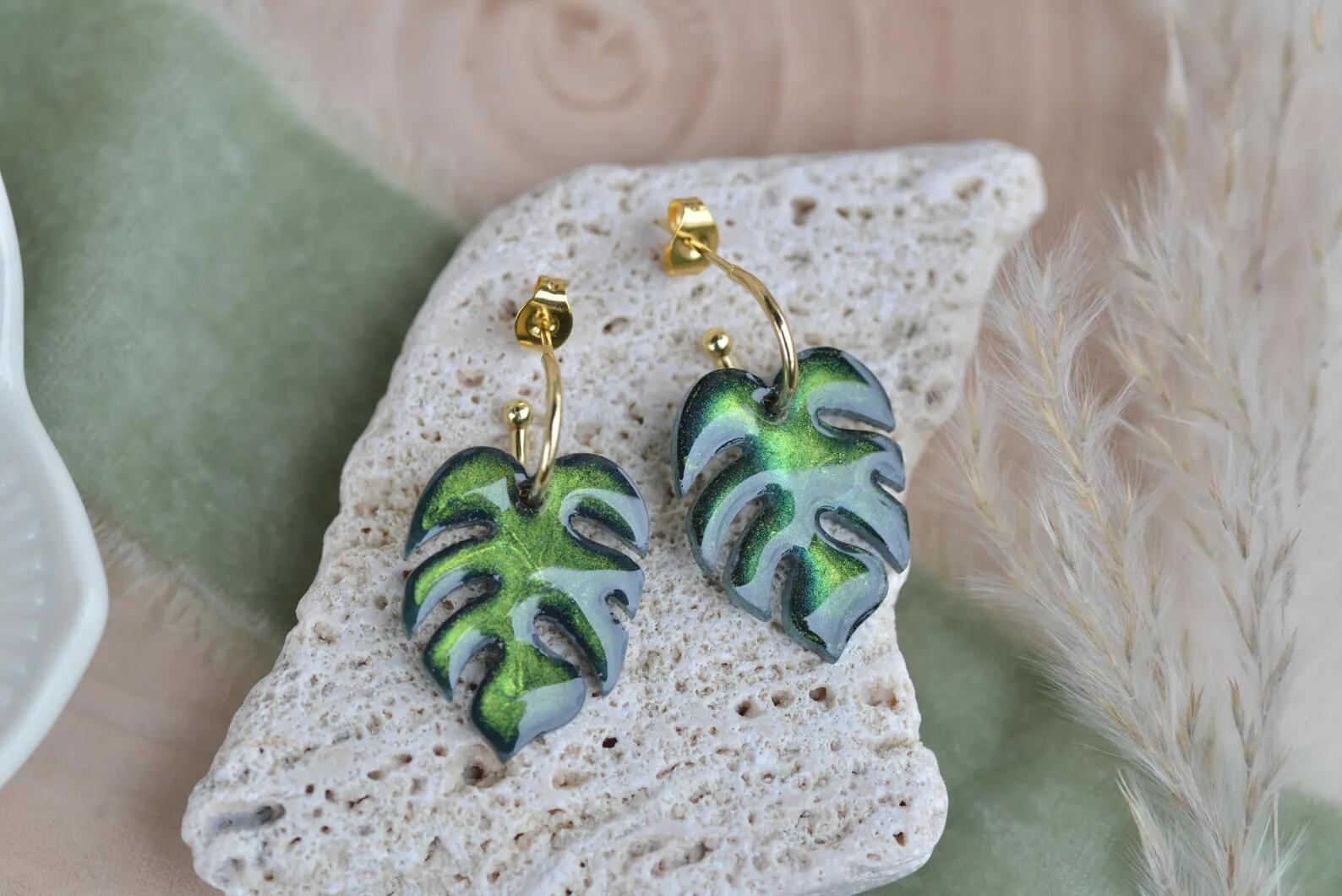 Botanical Resin Earrings - Monstera Leaf Gold Hoop Jewelry, photo 5