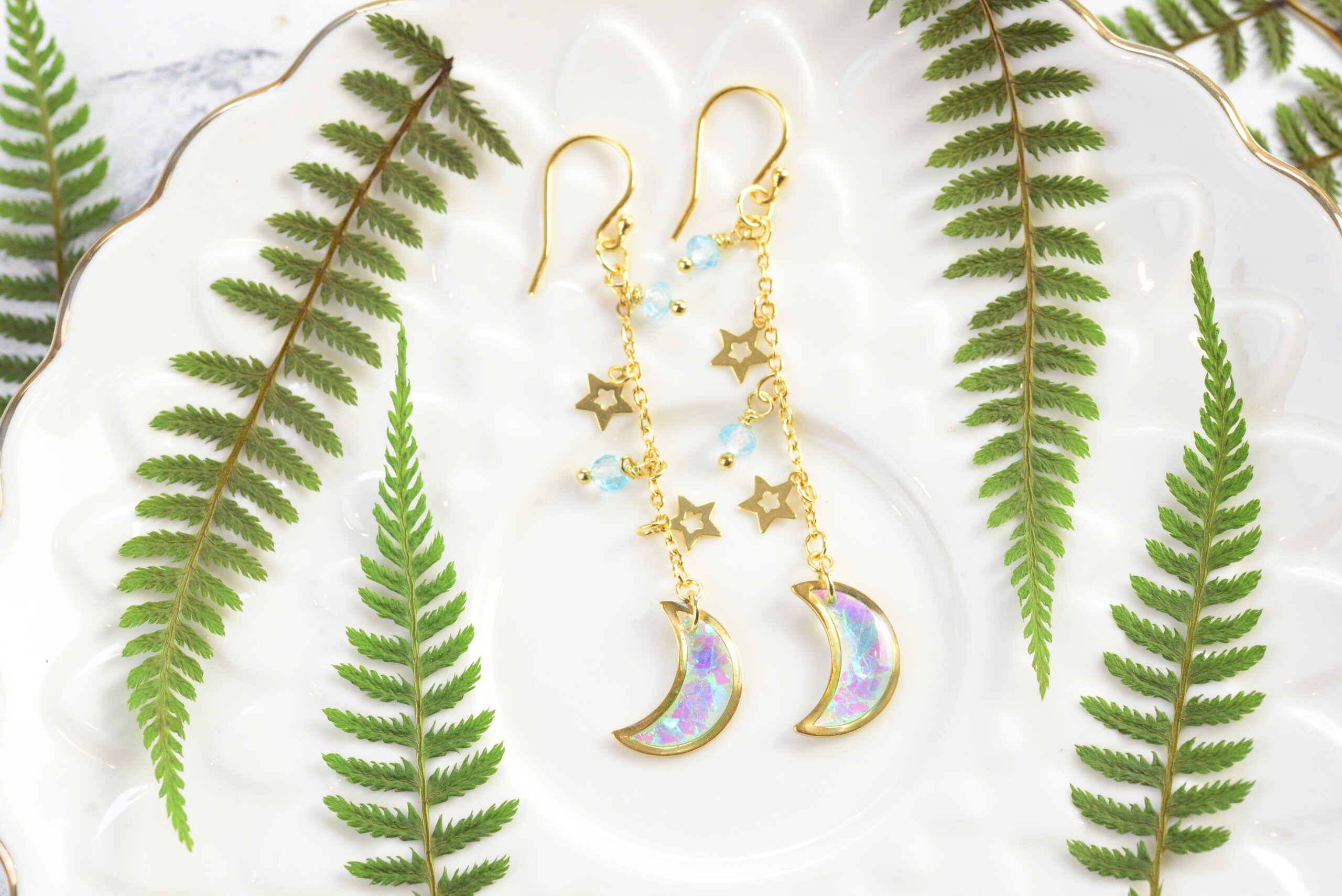 Crescent Moon Earrings With Iridescen Shards And Blue Topaz Bead