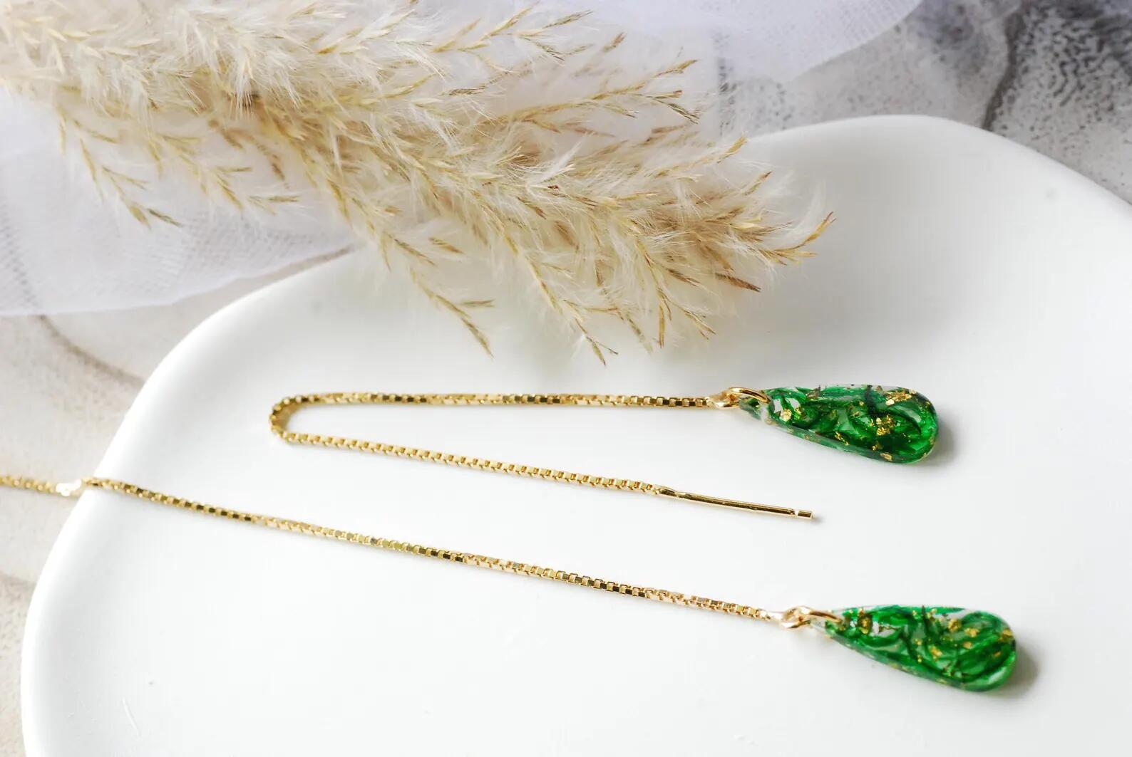 Botanical Resin Threader Earrings - Gold Teardrop Moss, photo 4