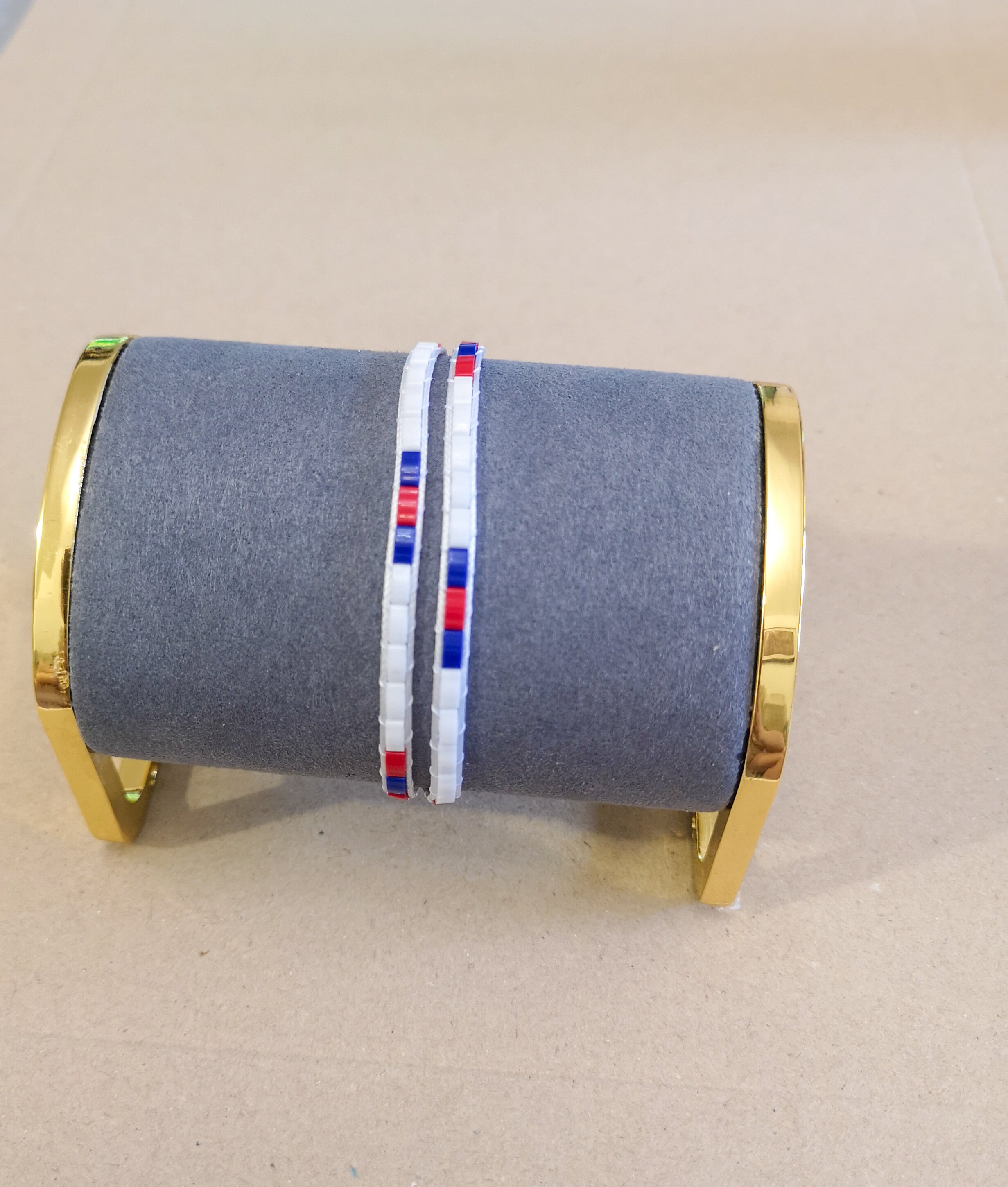 Double wrap bracelet, white red blue unisex glass bracelet