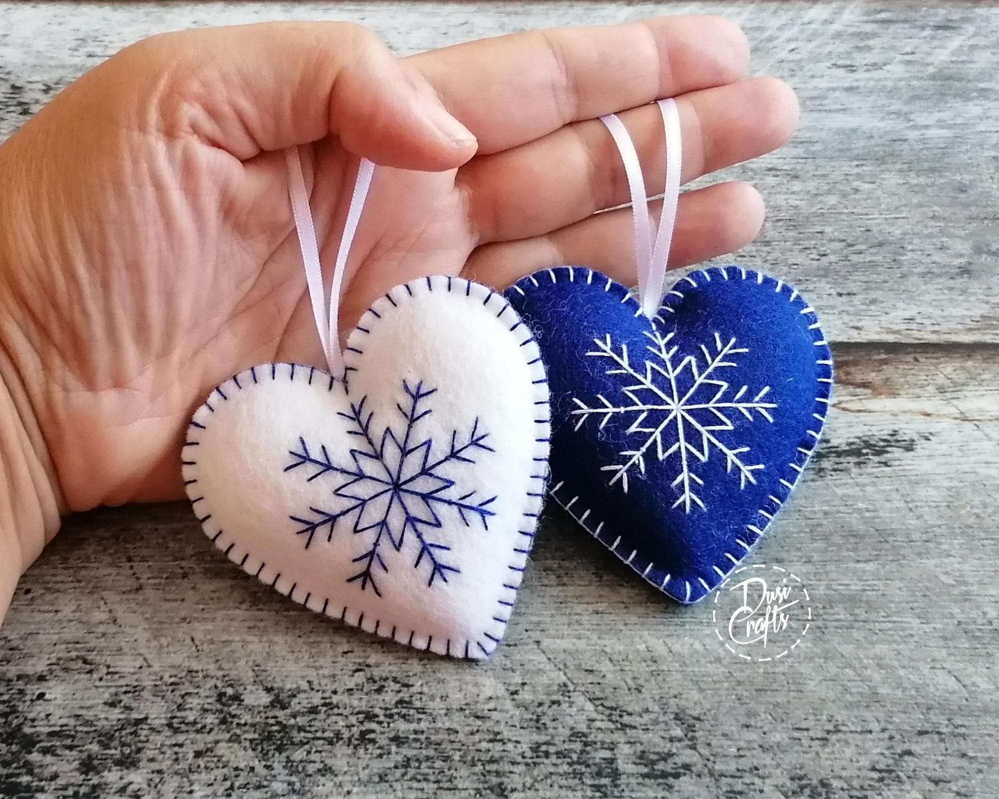 Set of 2  Felt Heart Christmas ornaments, white and red snowflake embroidery, photo 5