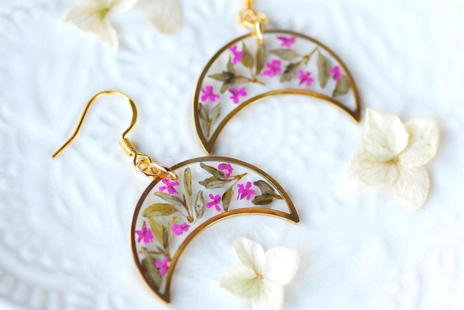 Real Dried Flower Crescent Moon Earrings with Pink Blossoms and Thyme Leaves, photo 2