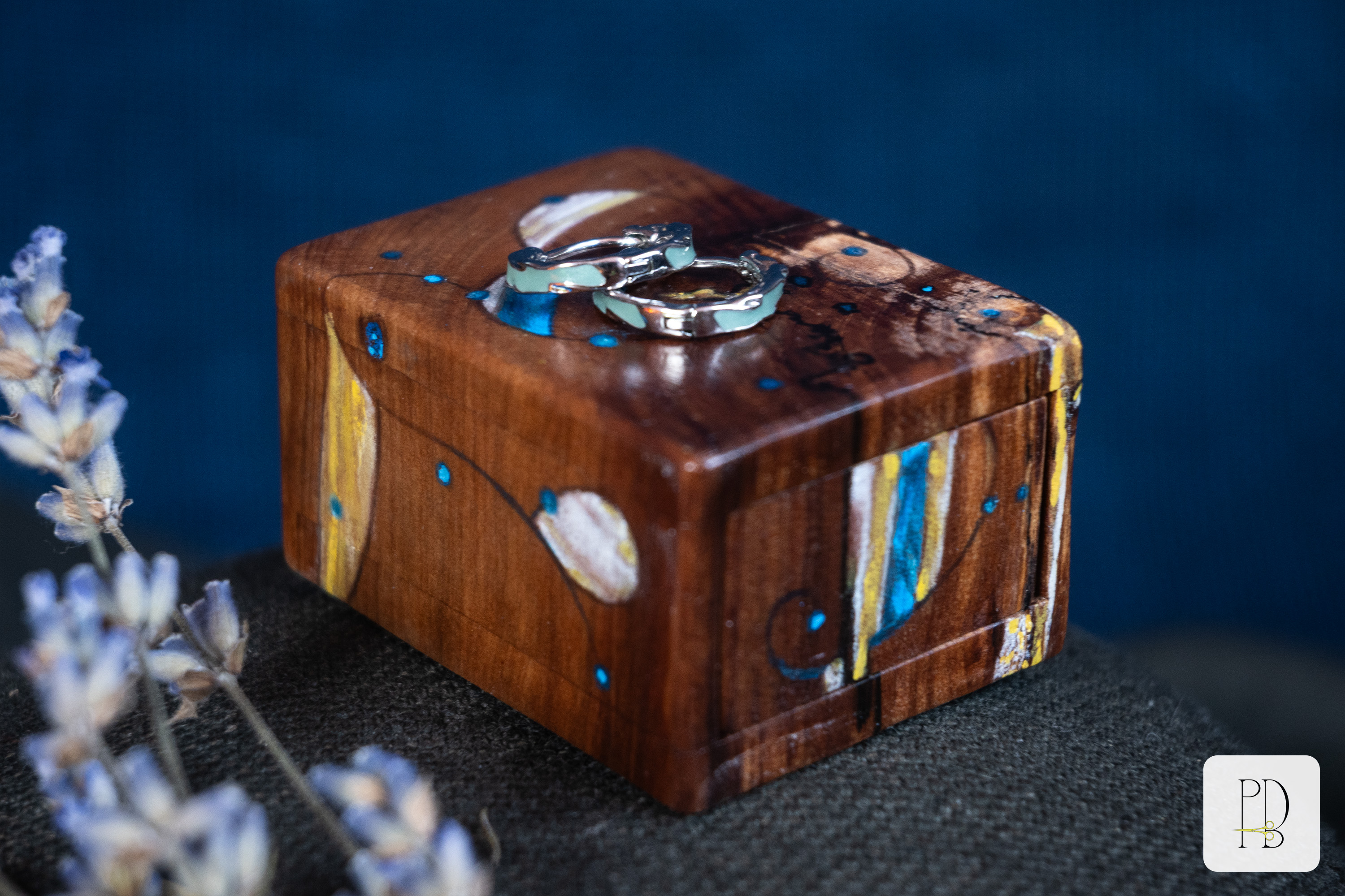 Tiny painted handmade rustic wooden box for small rings, jewelry and gifts
