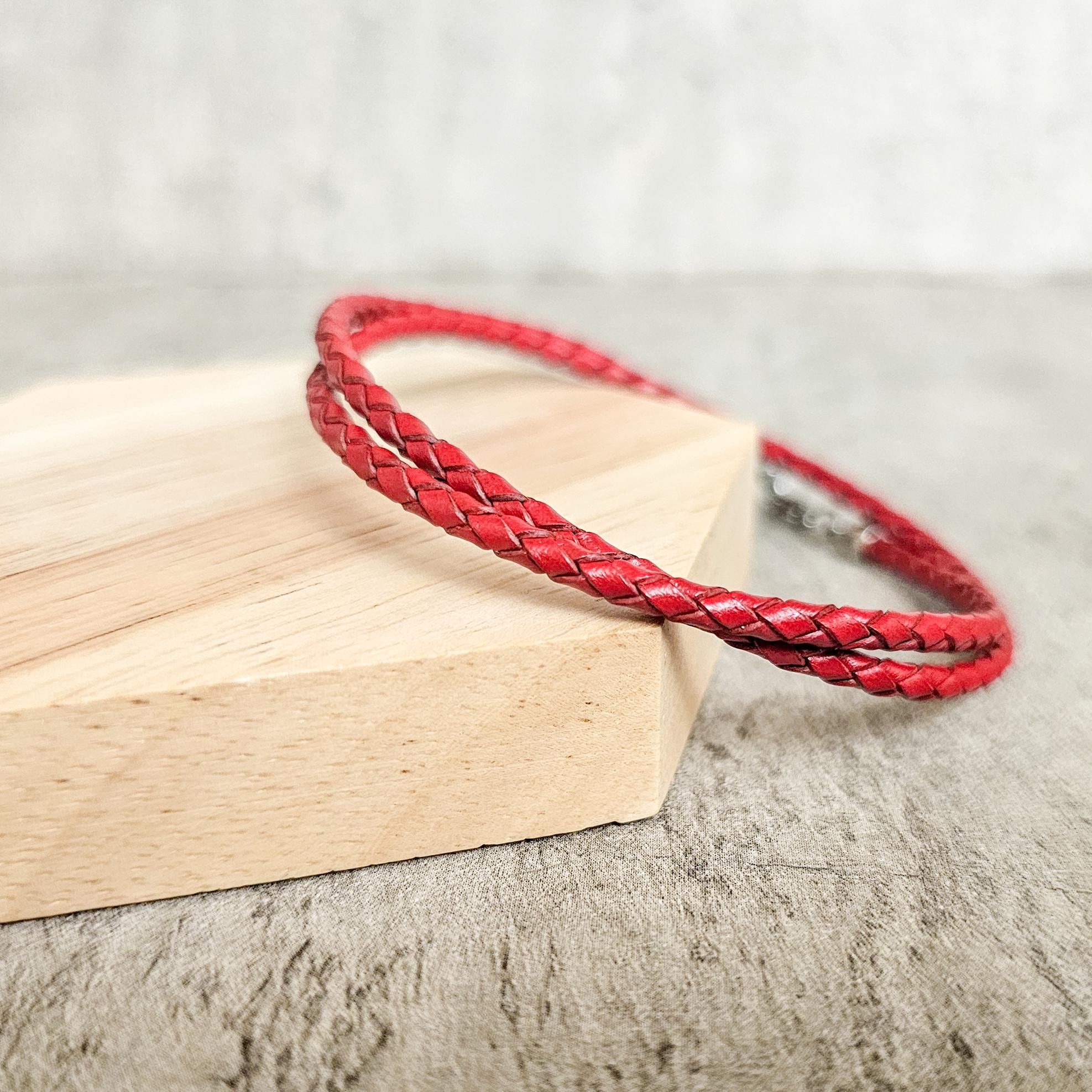Red braided genuine leather bracelet, double wrap wristband