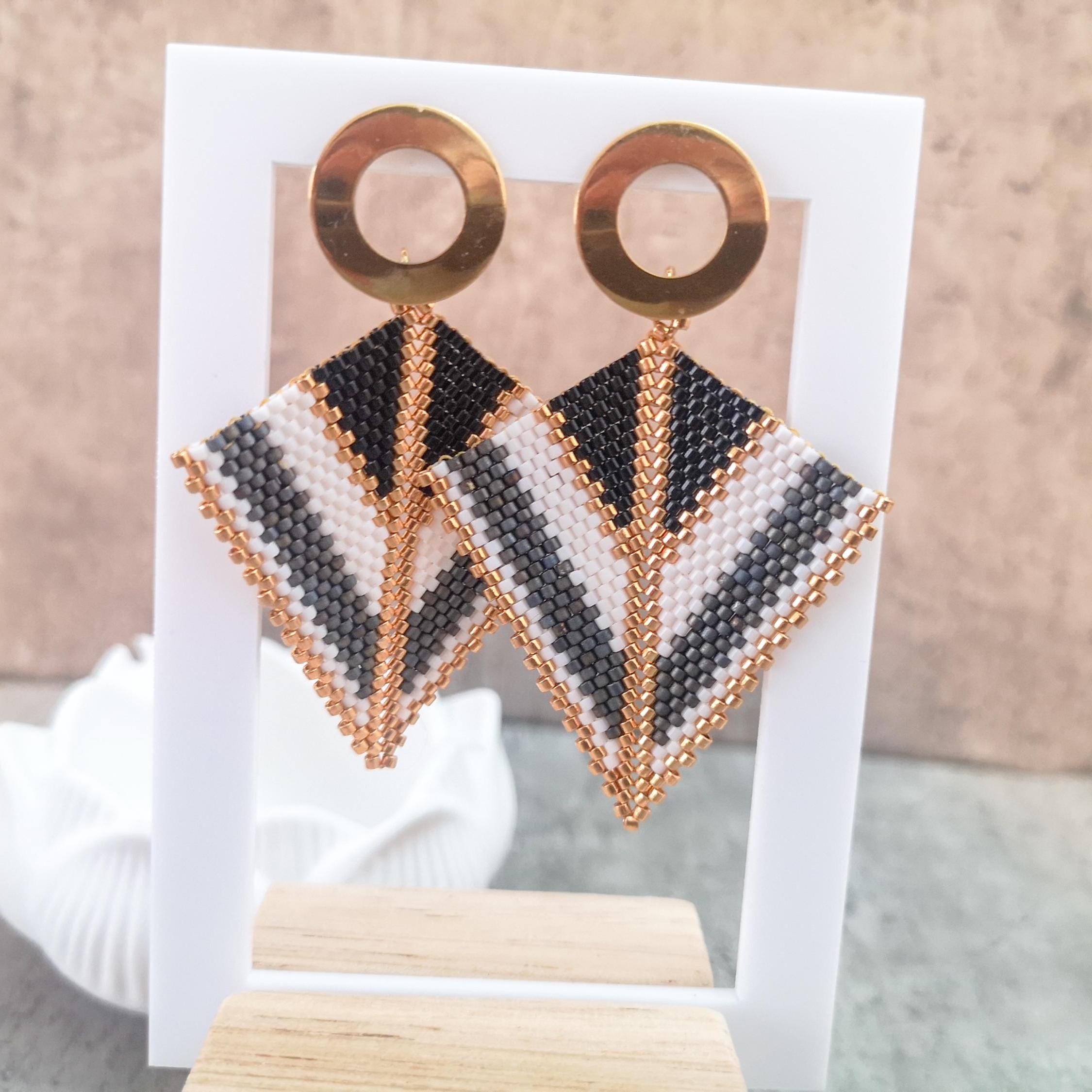 Geometric beaded earrings, triangular black, white, gray and gold earrings, photo 5