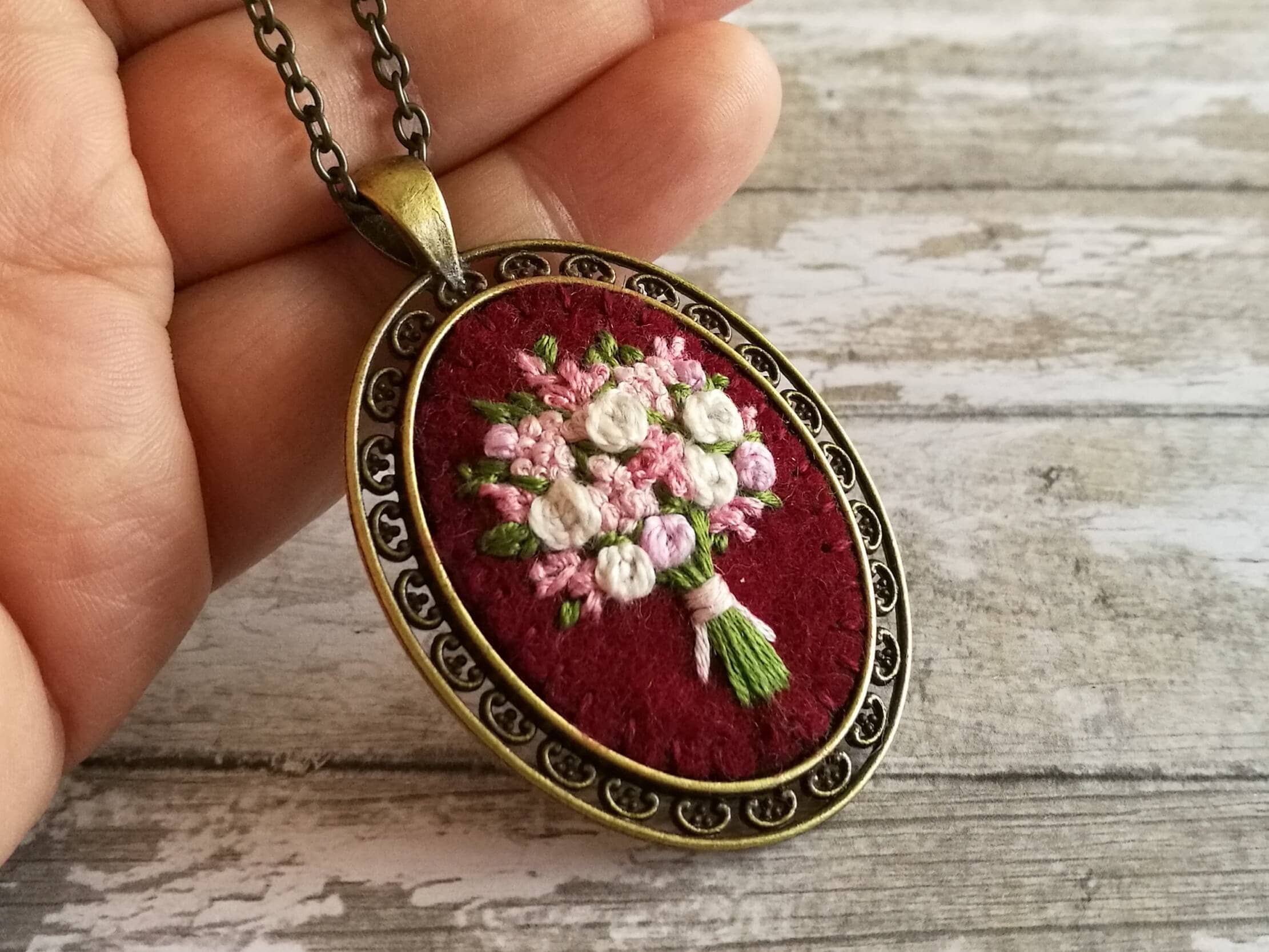 Burgundy Red and Pink Embroidery Necklace, Hand Embroidered Necklace, Pink and White Floral Bouquet Pendant, photo 5