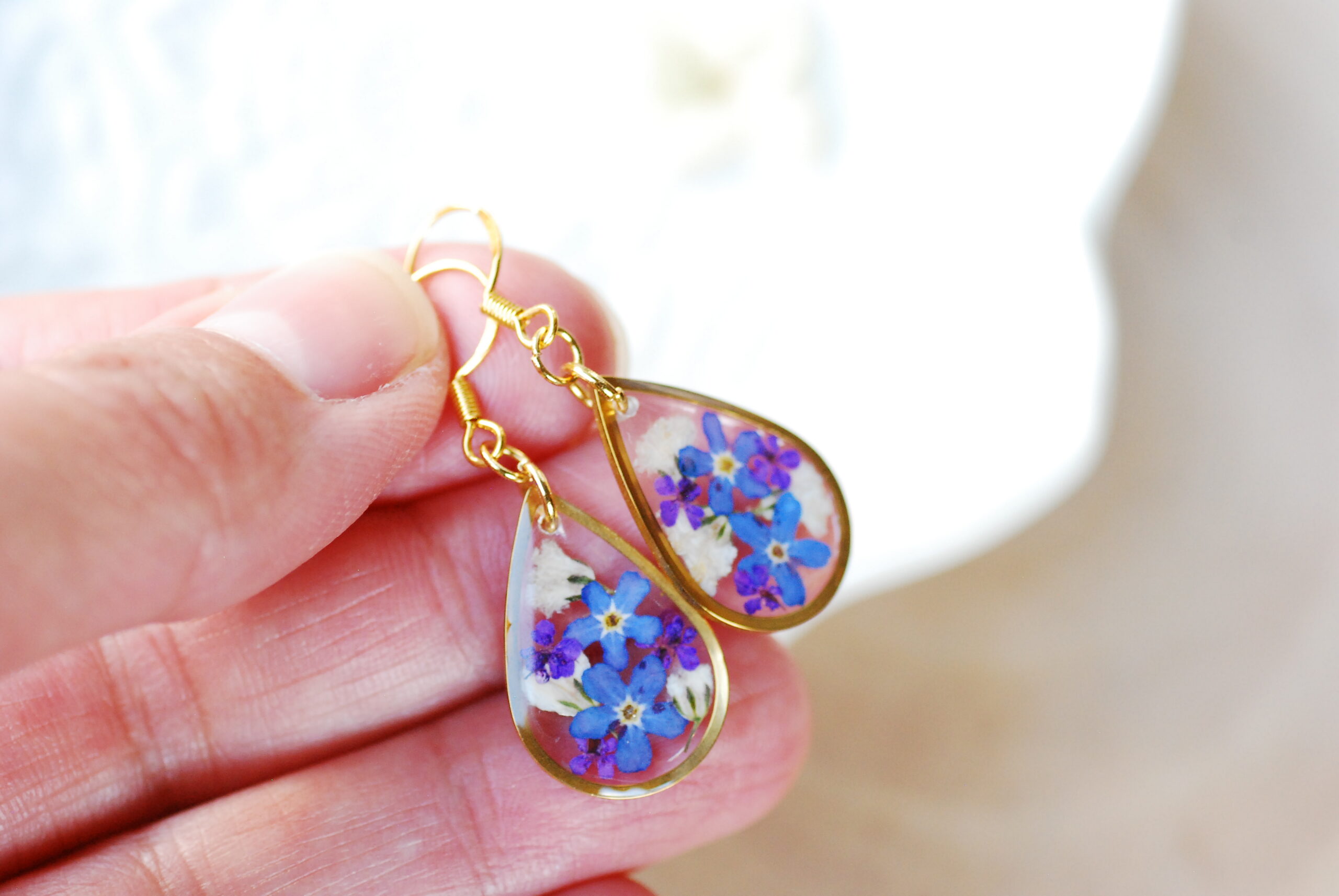 Blue Forget me Not Teardrop Earrings with Baby's Breath Pressed Flowers, photo 4