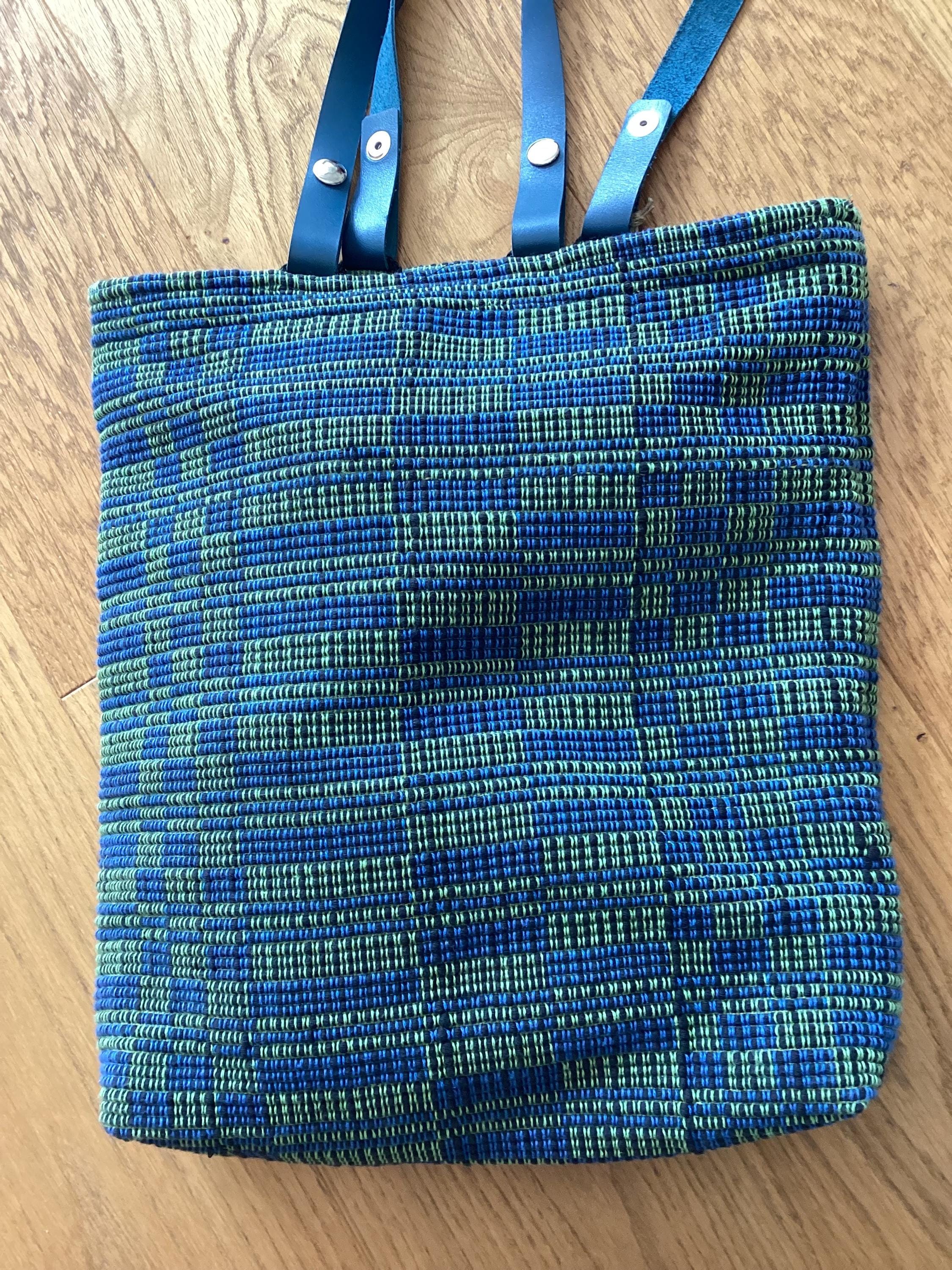 Handwoven Cotton Tote Bag: Blue Green Checkered Shopper with Leather Handles, Personalized Tote