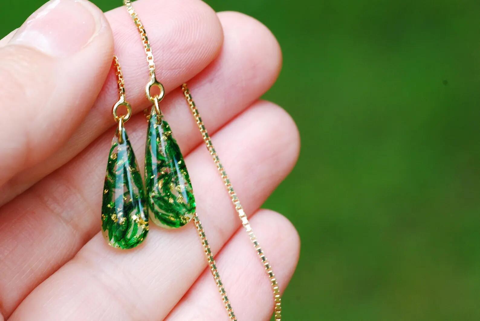 Botanical Resin Threader Earrings - Gold Teardrop Moss, photo 5