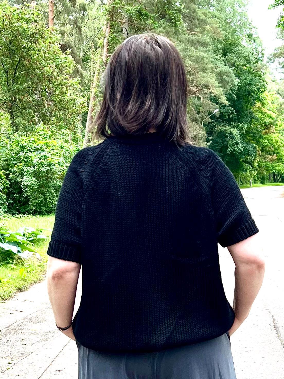 Black Cotton Sweater, Short Sleeve Crew Neck, Chunky Knit Raglan Top, Handmade Relaxed Fit, photo 3