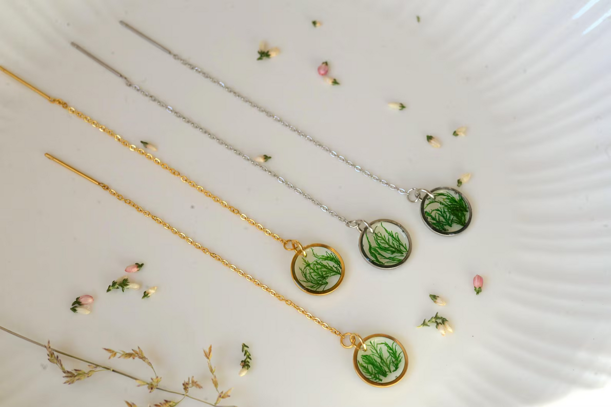 Botanical Threader Earrings - Real Moss Circular Chain Drops, photo 2