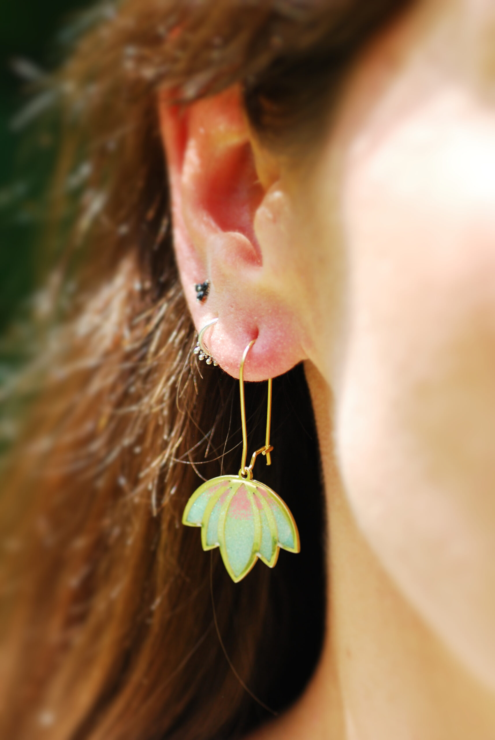 Iridescent Lotus Flower Earrings - White and Pink Pastel Dangles, photo 5