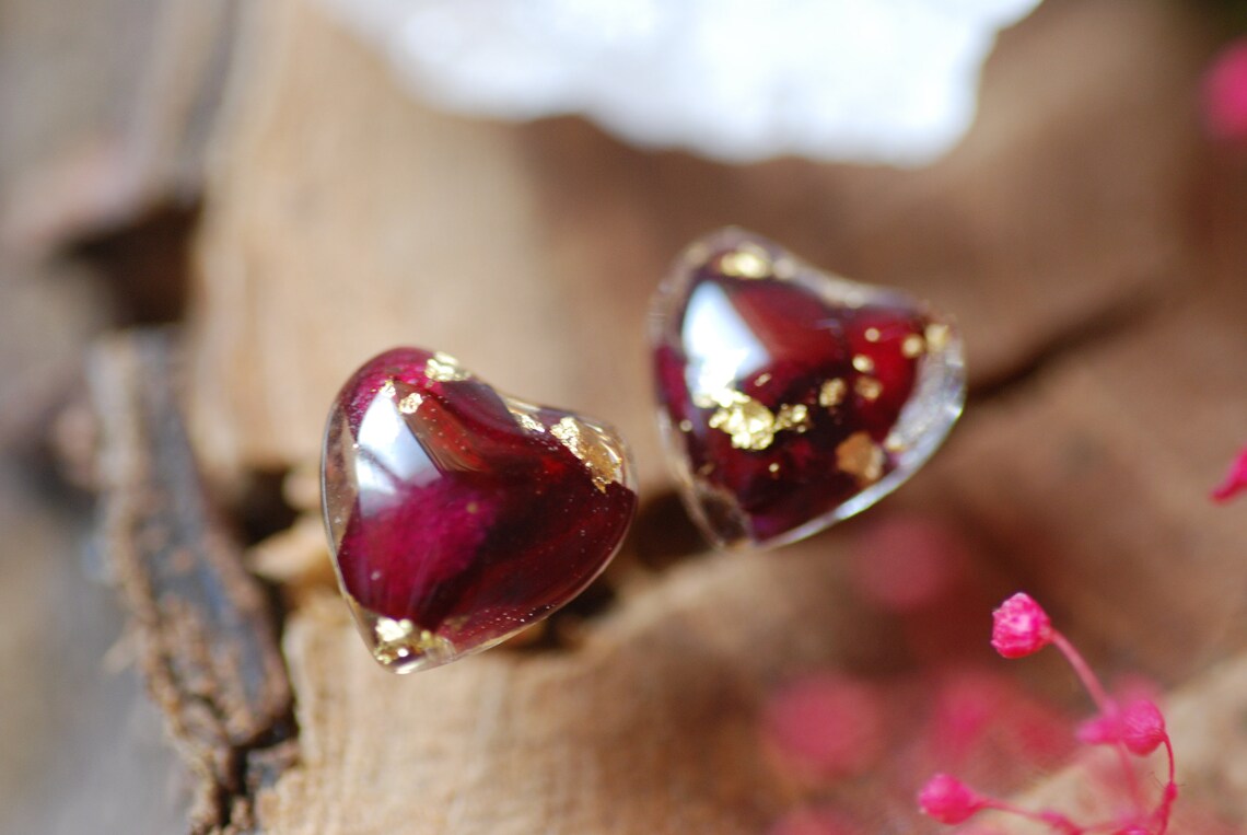 Red Rose Heart Earrings With Real Rose Petals 24K Gold Flakes And Sterling Silver Studs, photo 3