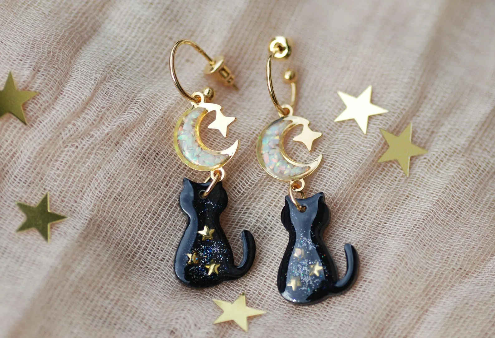 Black Cat Earrings - Galaxy Celestial Hoop Drops, photo 2