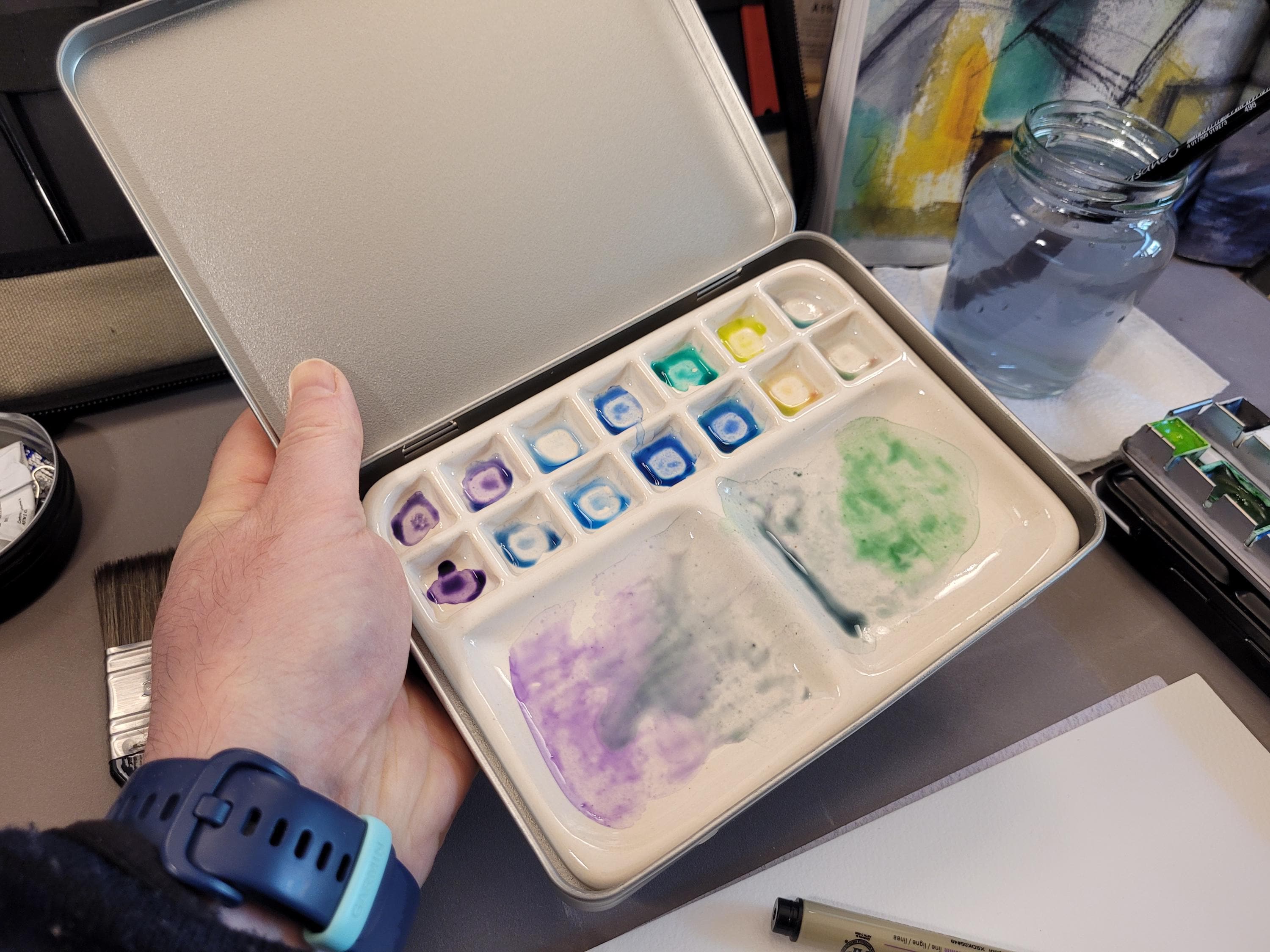 Handmade Watercolor Palette in Tin - Stoneware Ceramic Palette with Lid, photo 5