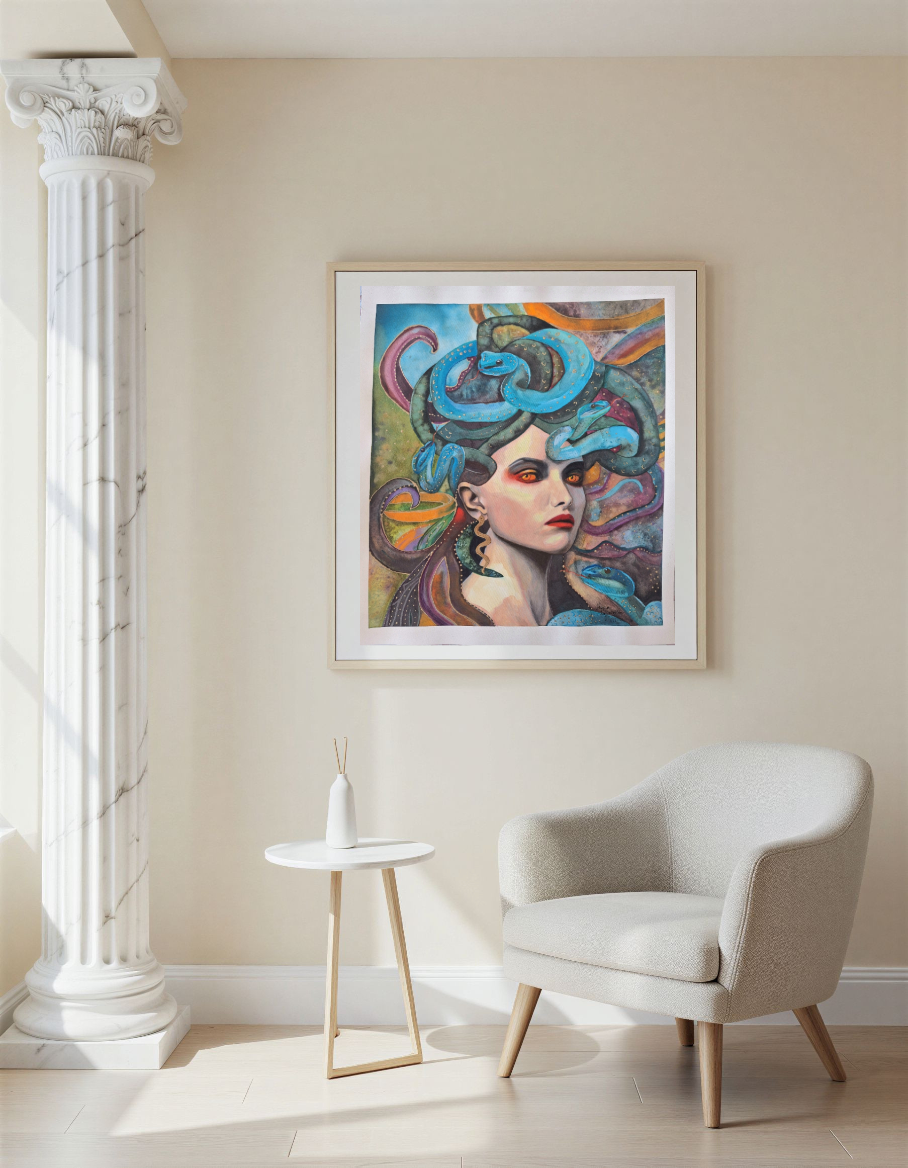 Original Medusa Watercolor Painting, Mixed Media with Gold Leaf, Greek Philosophical Archetype Art, photo 2