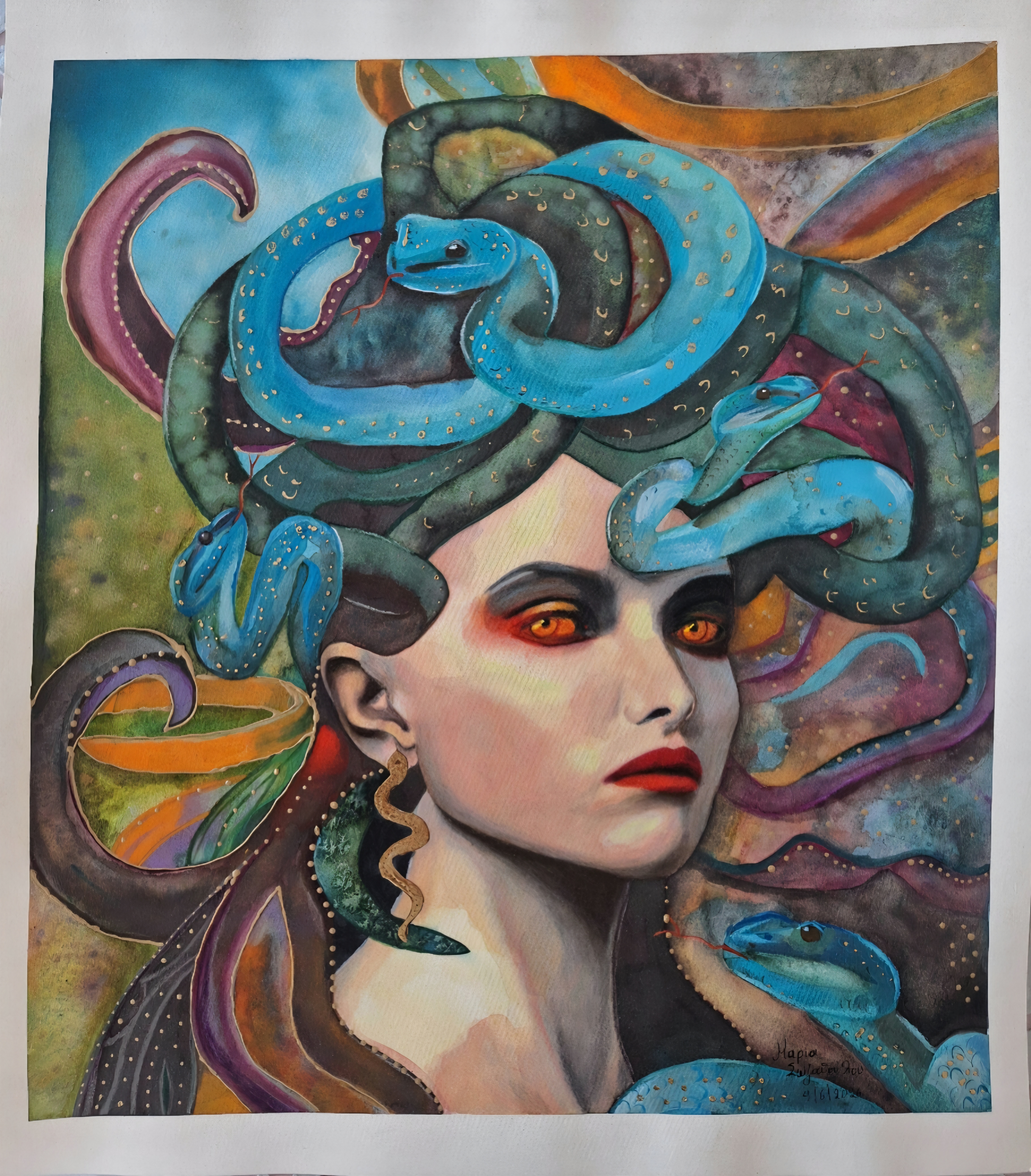 Original Medusa Watercolor Painting, Mixed Media with Gold Leaf, Greek Philosophical Archetype Art
