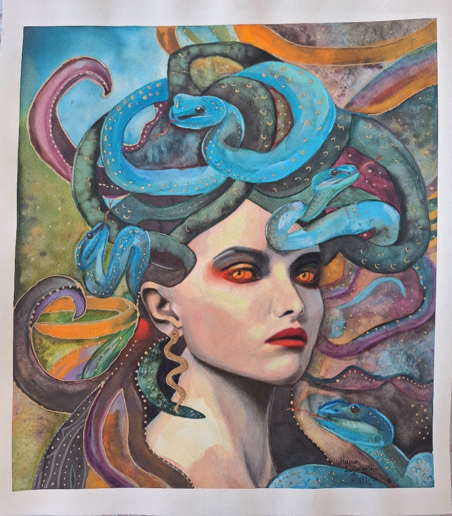 Original Medusa Watercolor Painting, Mixed Media with Gold Leaf, Greek Philosophical Archetype Art, photo 3