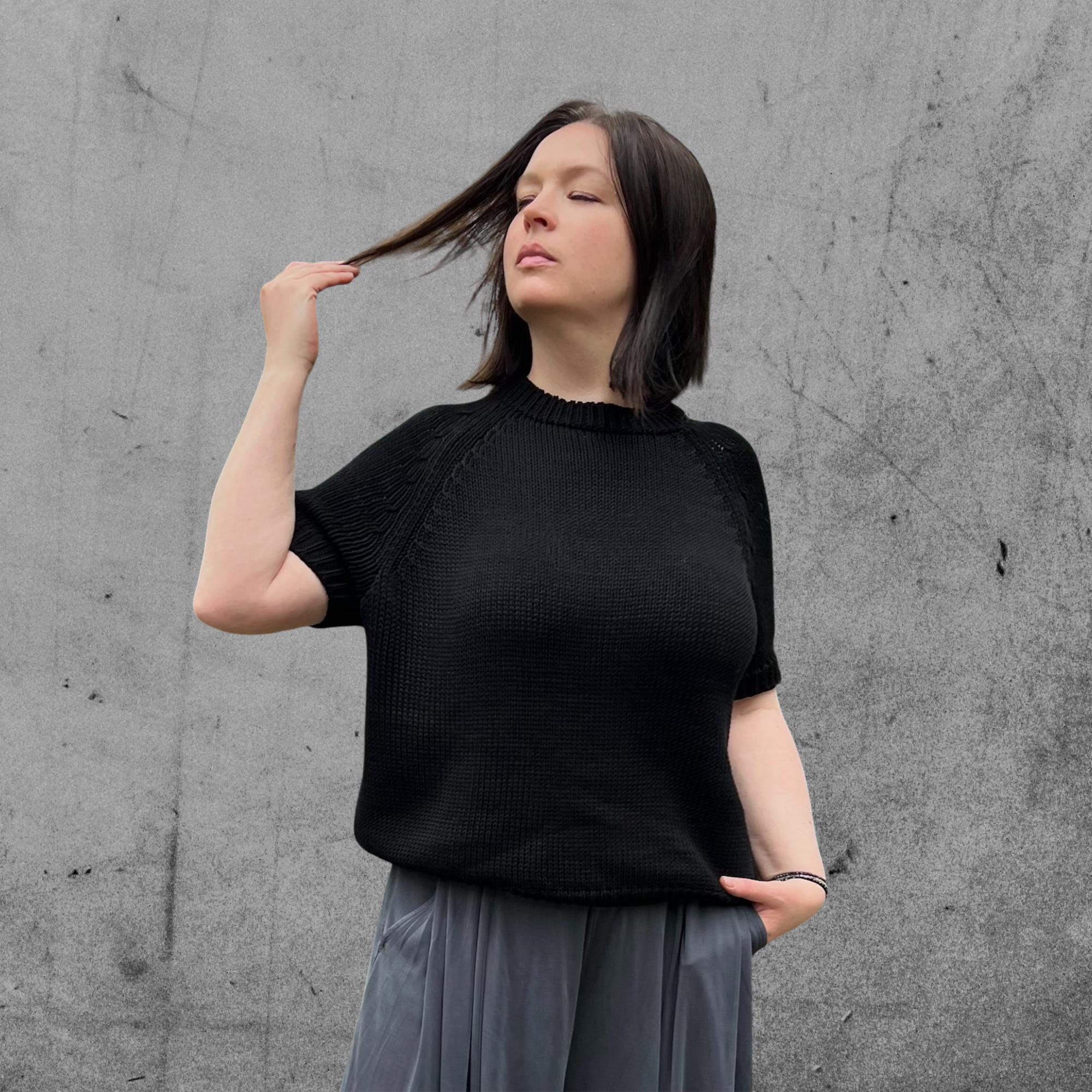 Black Cotton Sweater, Short Sleeve Crew Neck, Chunky Knit Raglan Top, Handmade Relaxed Fit