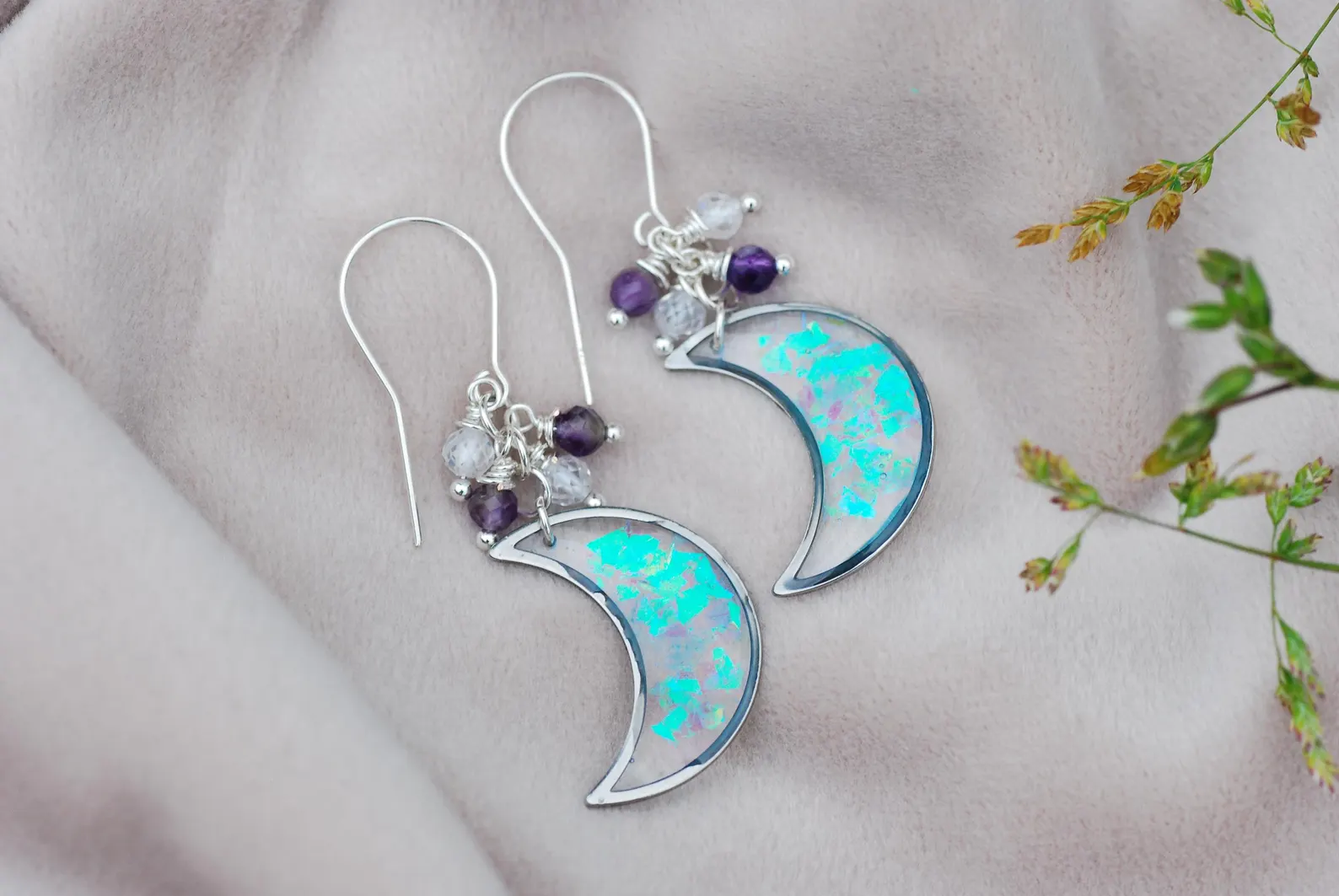 Celestial Moon Earrings - Amethyst And Zircon Crystal Silver Crescent Drops, photo 6