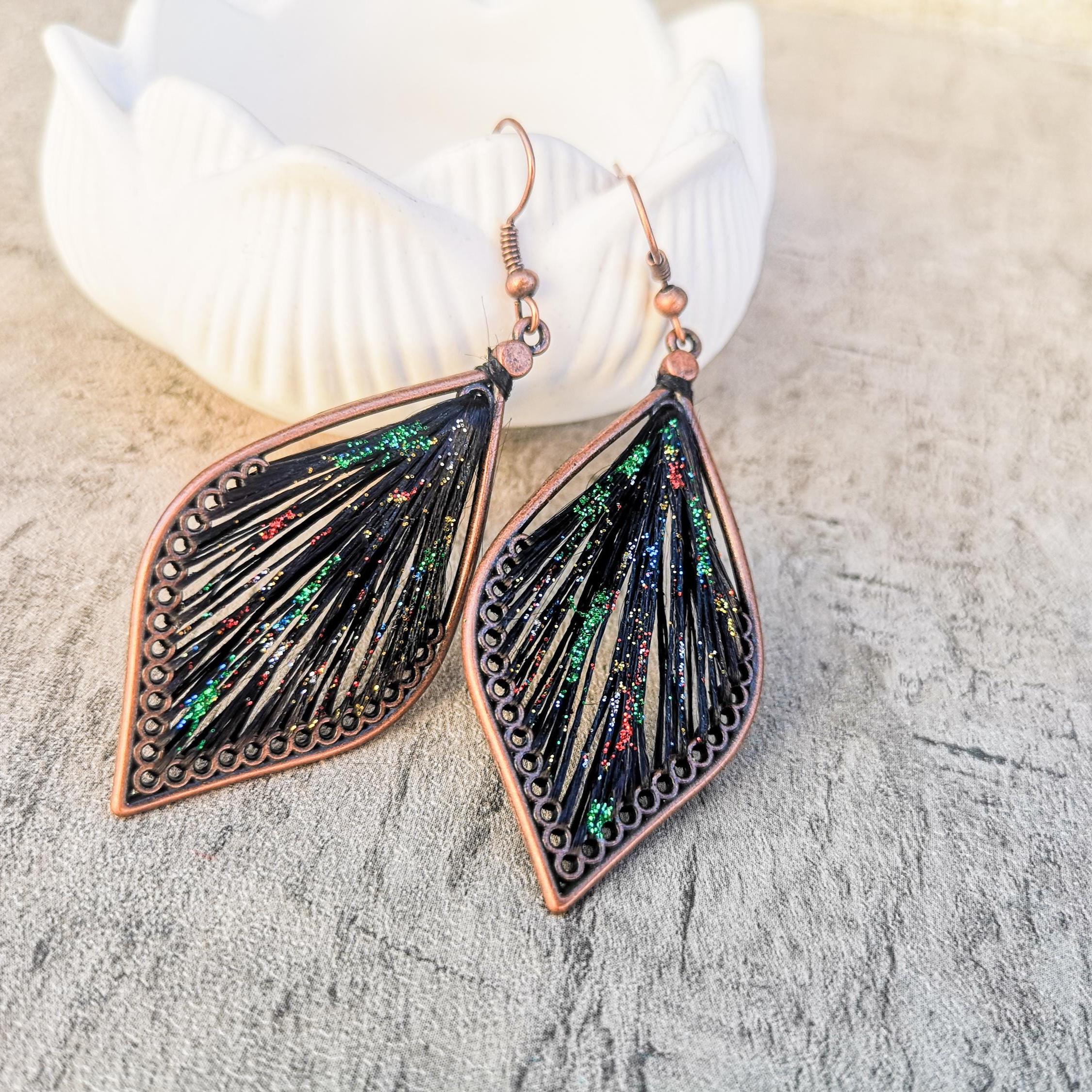 Peruvian thread teardrop earrings, Black with glitter dangle earrings, photo 6