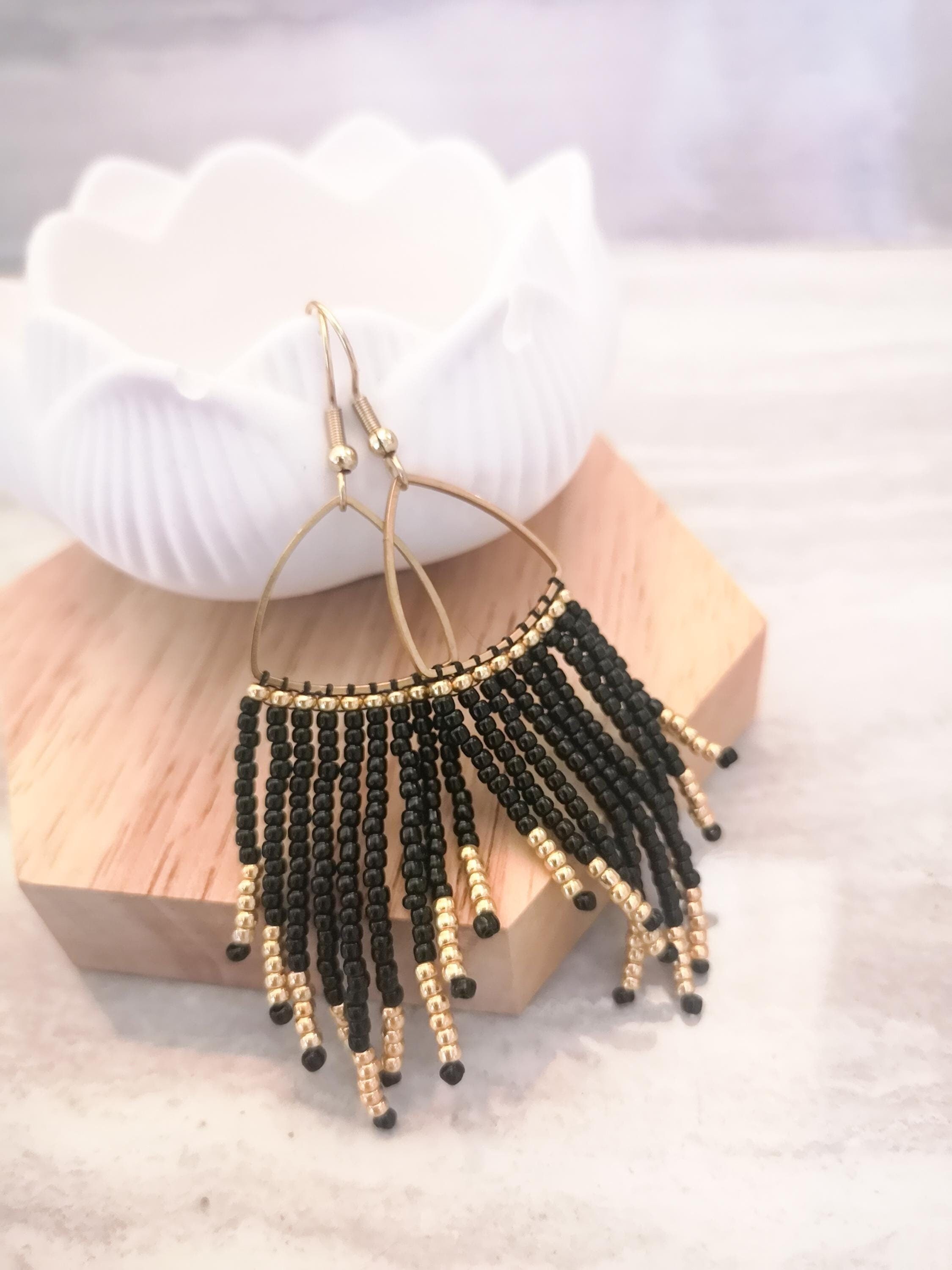Black and gold fringe earrings, boho beaded earrings