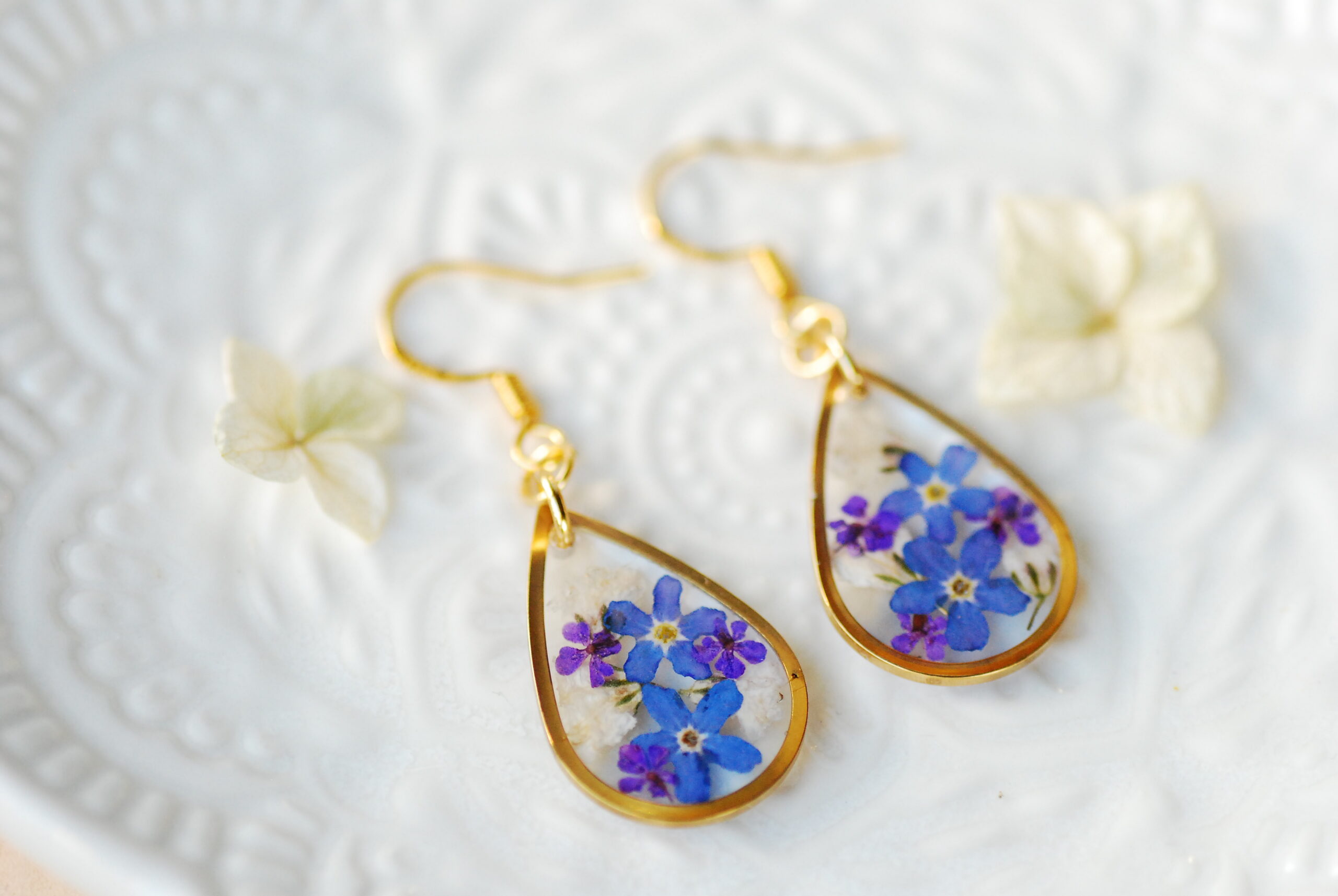 Blue Forget me Not Teardrop Earrings with Baby's Breath Pressed Flowers, photo 6